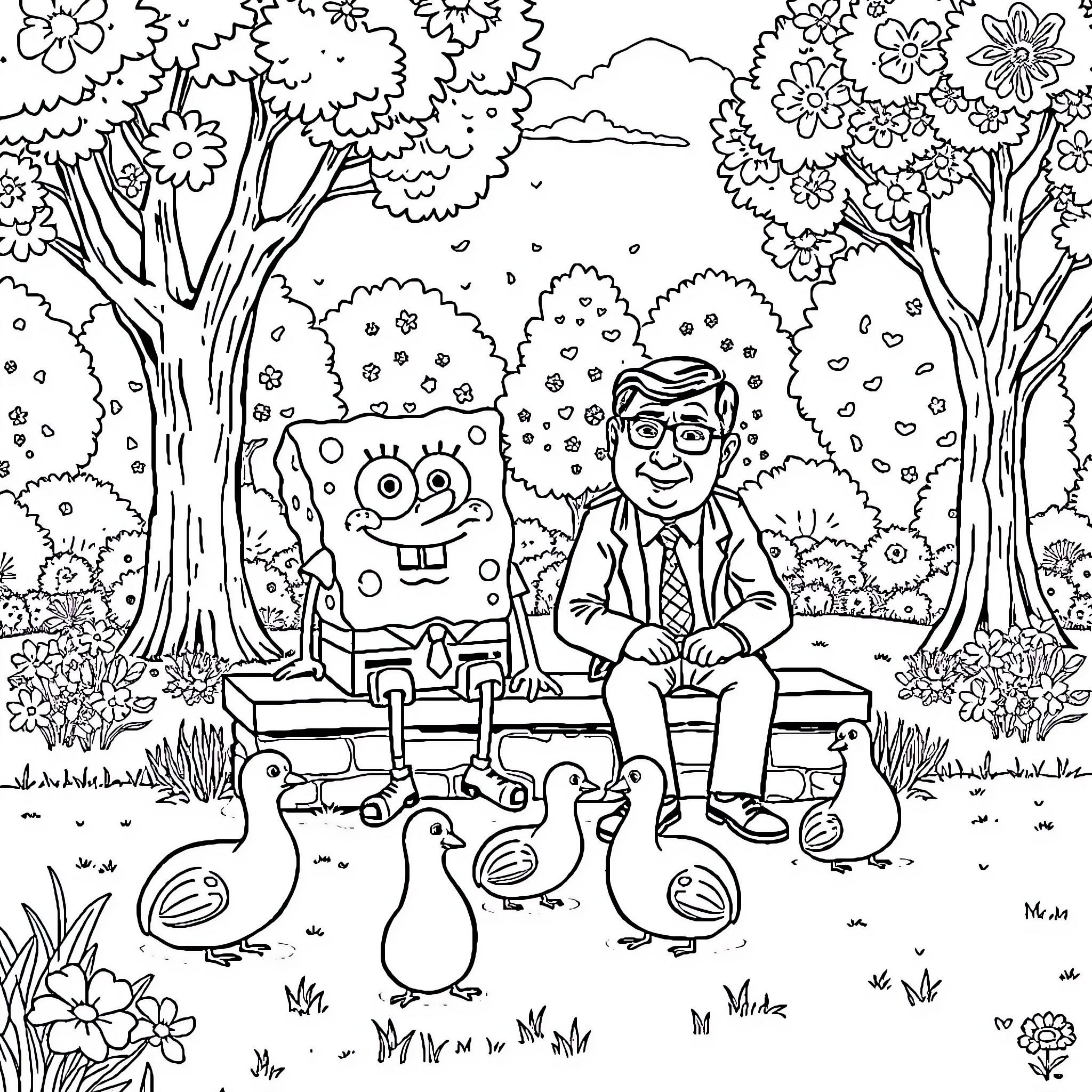 Spongebob and his friend enjoying a peaceful day outdoors Coloring Page (free black-and-white line drawing printable PDF for all, from beginners to advanced learners, including children, teens, adults, and seniors)