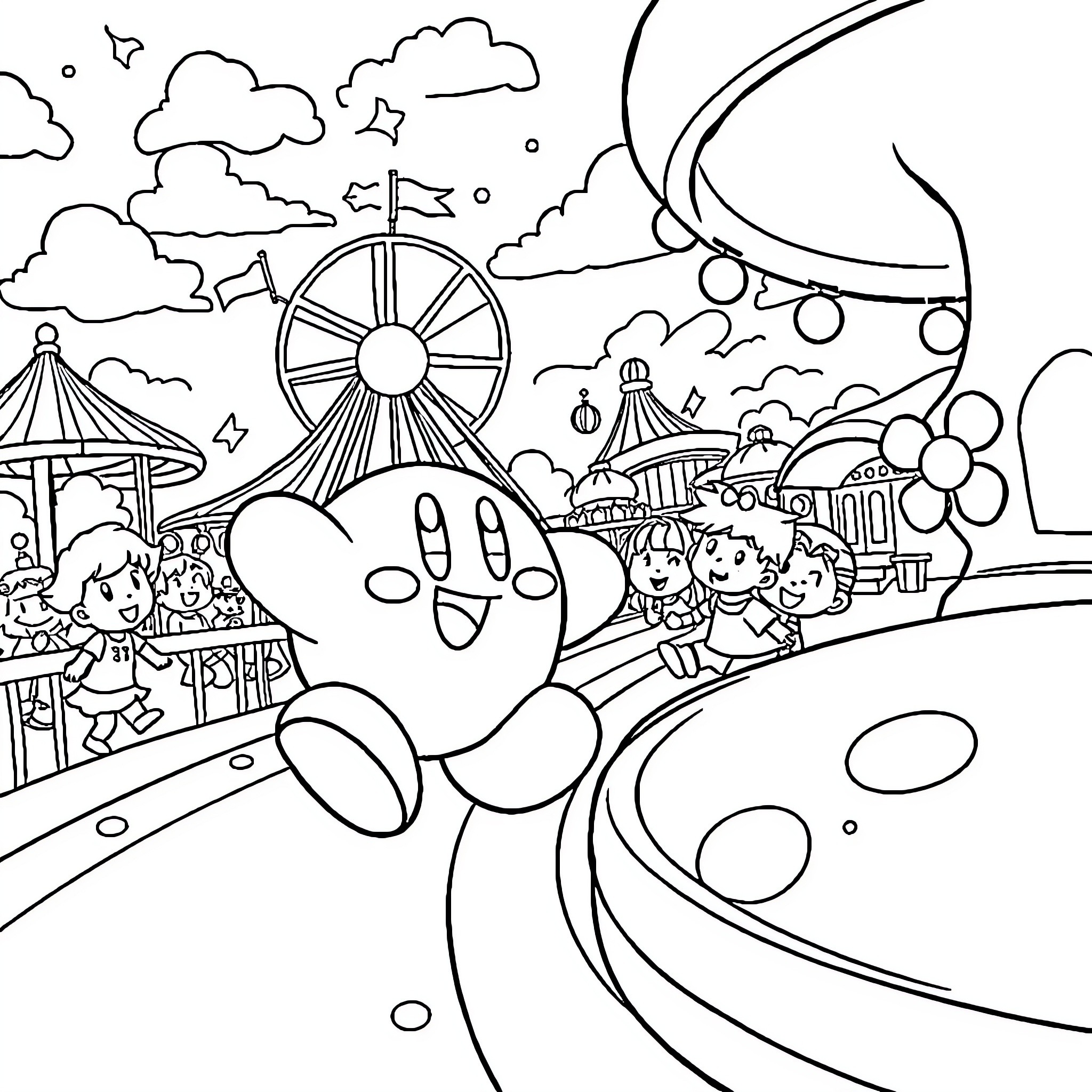 Kirby visiting a whimsical amusement park Coloring Page (free black-and-white line drawing printable PDF for all, from beginners to advanced learners, including children, teens, adults, and seniors)
