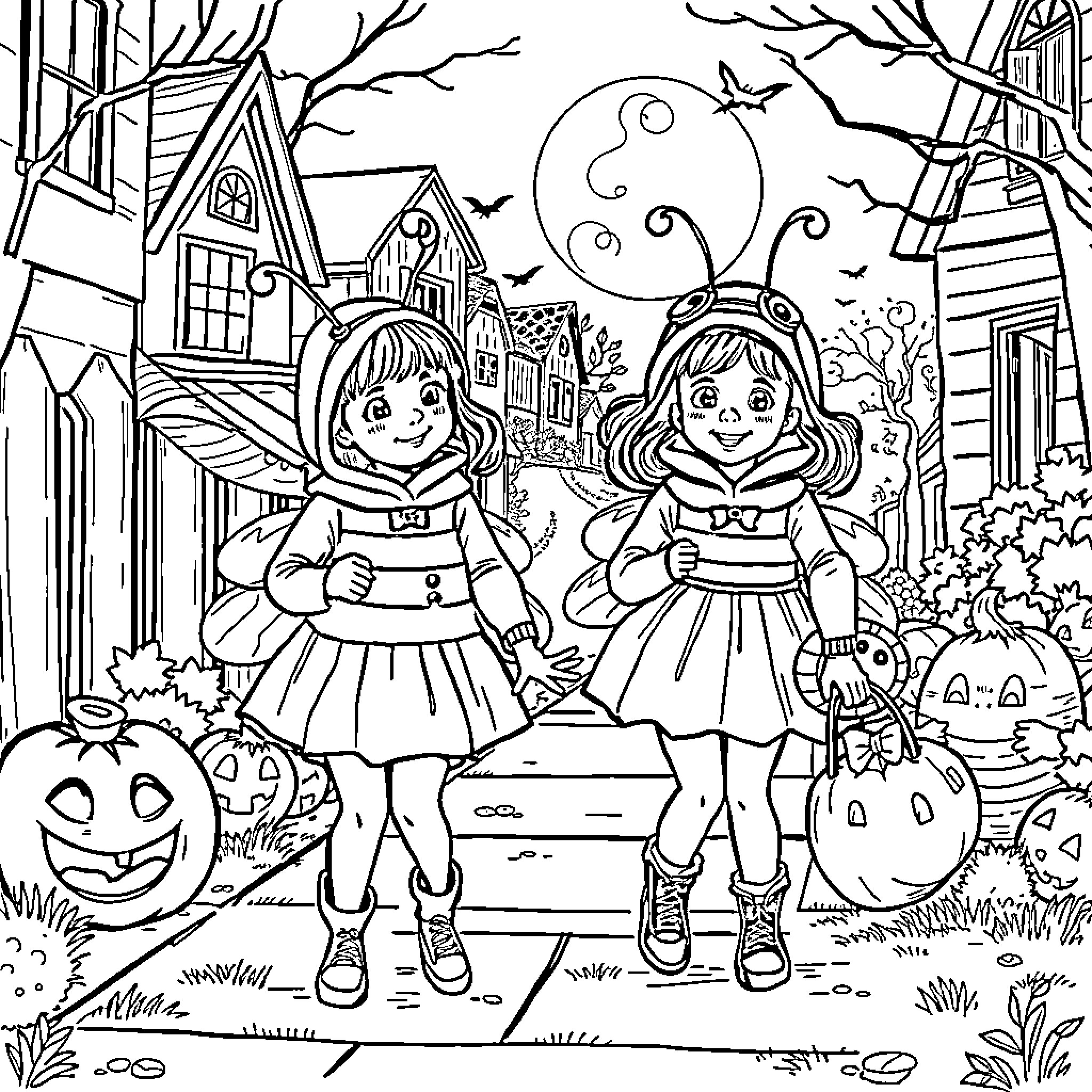 Girls in Halloween costumes exploring spooky neighborhood Coloring Page (free black-and-white line drawing printable PDF for all, from beginners to advanced learners, including children, teens, adults, and seniors)