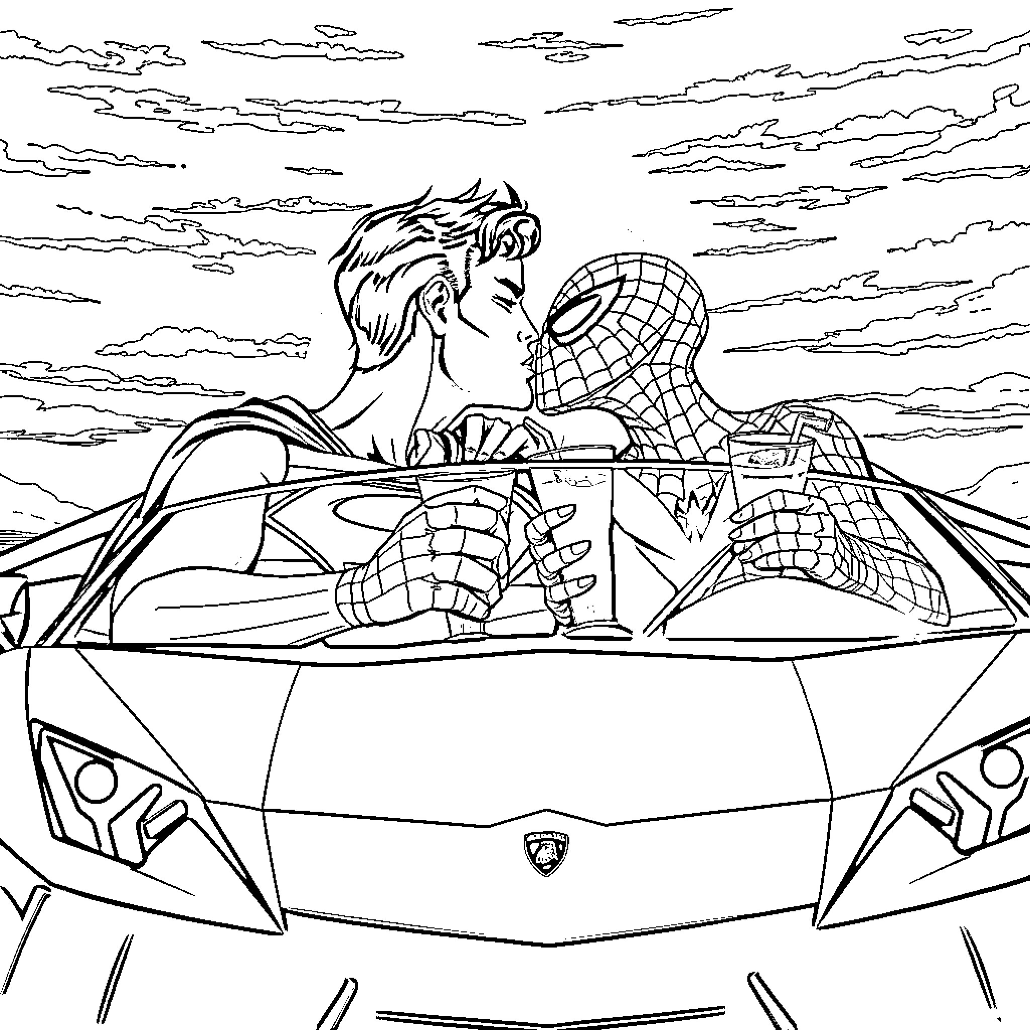 Superman saving a distressed Spider-Man in a futuristic vehicle Coloring Page (free black-and-white line drawing printable PDF for all, from beginners to advanced learners, including children, teens, adults, and seniors)