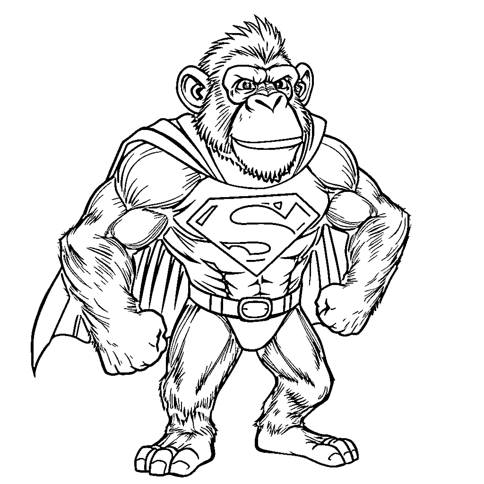 Monkey superhero in action pose Coloring Page (free black-and-white line drawing printable PDF for all, from beginners to advanced learners, including children, teens, adults, and seniors)