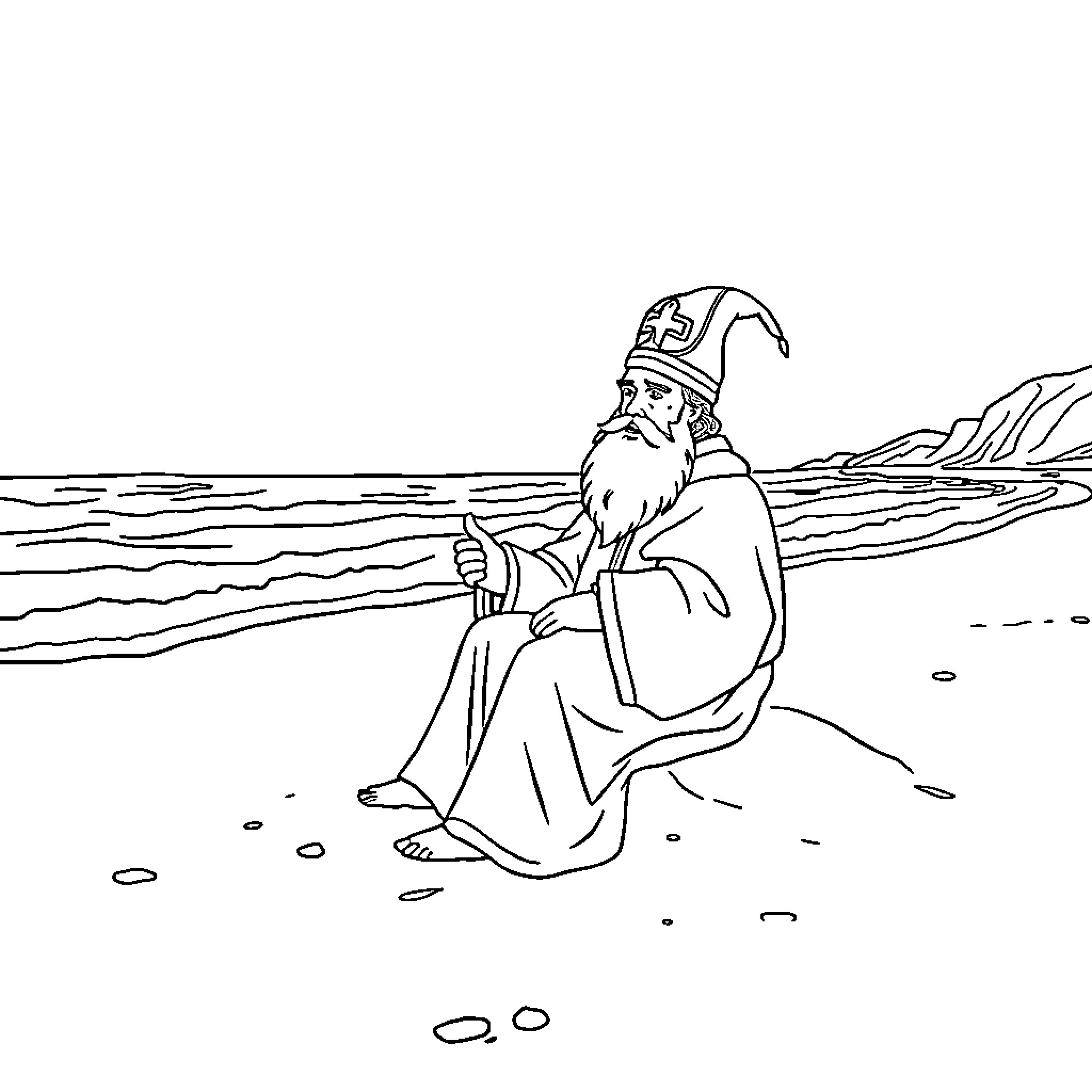 Saint Nicolas sitting alone by the shore Coloring Page (free black-and-white line drawing printable PDF for all, from beginners to advanced learners, including children, teens, adults, and seniors)