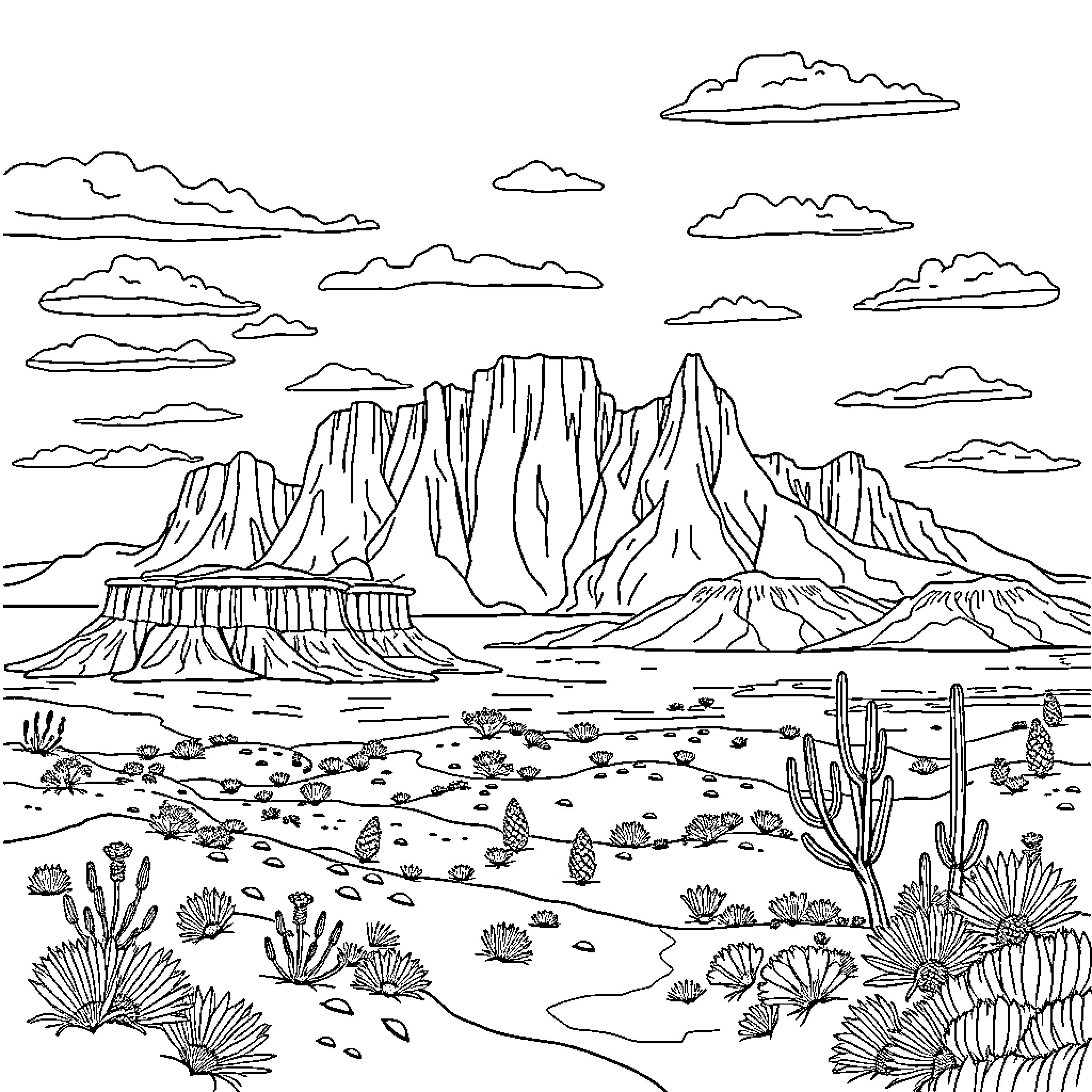 Landform of desert landscape with mountain ranges Coloring Page (free black-and-white line drawing printable PDF for all, from beginners to advanced learners, including children, teens, adults, and seniors)