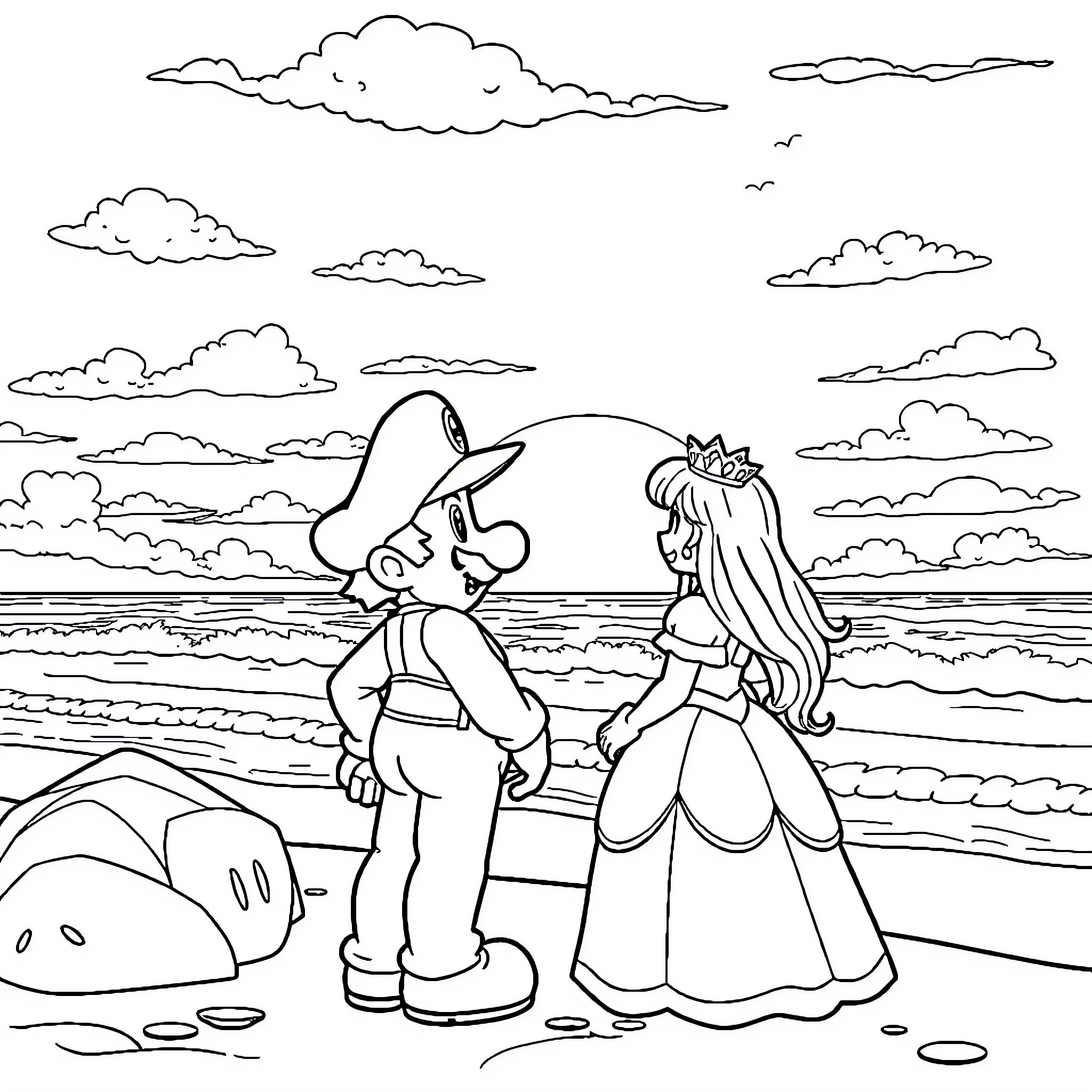 Mario and Princess Relaxing at the Beach Coloring Page (free black-and-white line drawing printable PDF for all, from beginners to advanced learners, including children, teens, adults, and seniors)