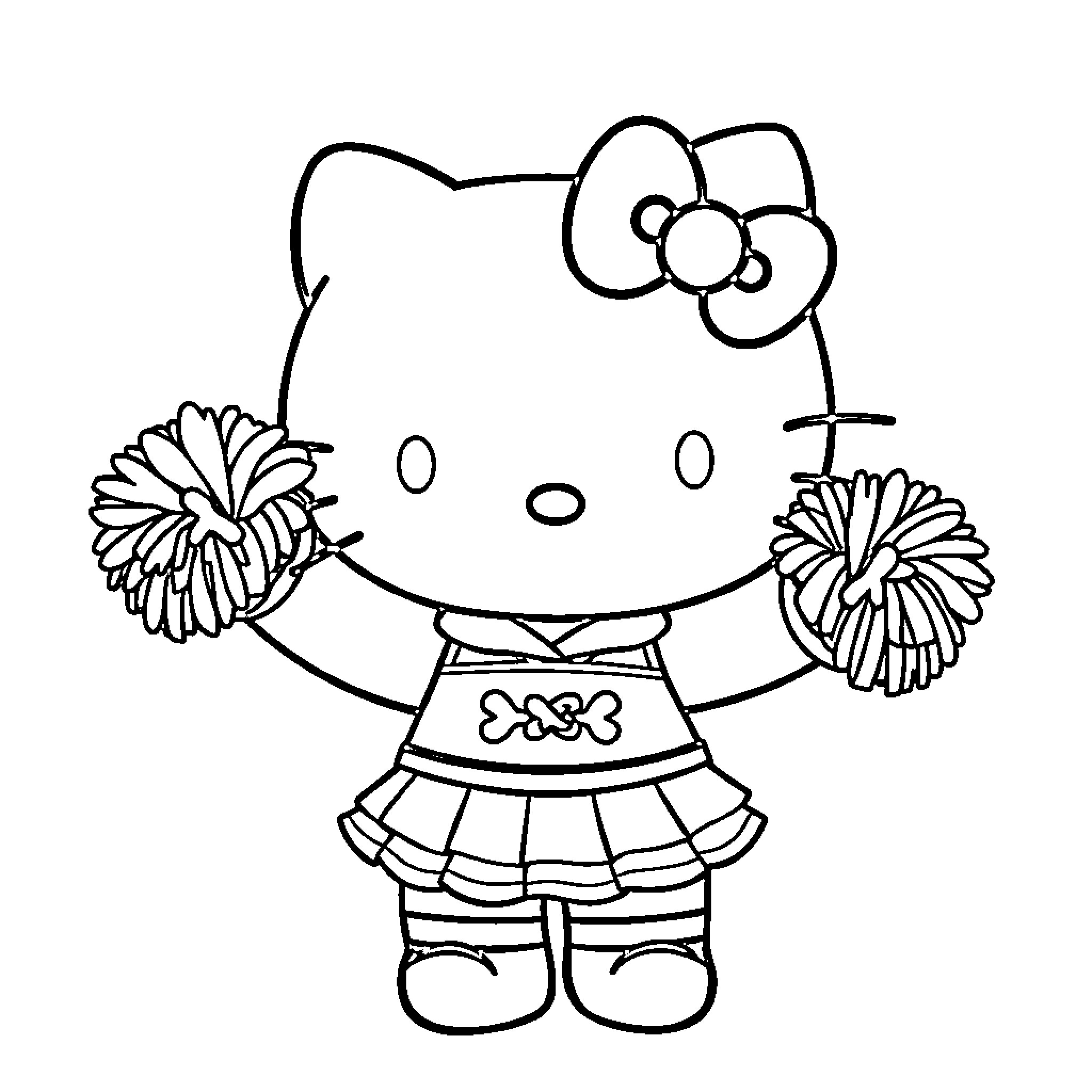 Hello Kitty cheerleading with pompoms Coloring Page (free black-and-white line drawing printable PDF for all, from beginners to advanced learners, including children, teens, adults, and seniors)