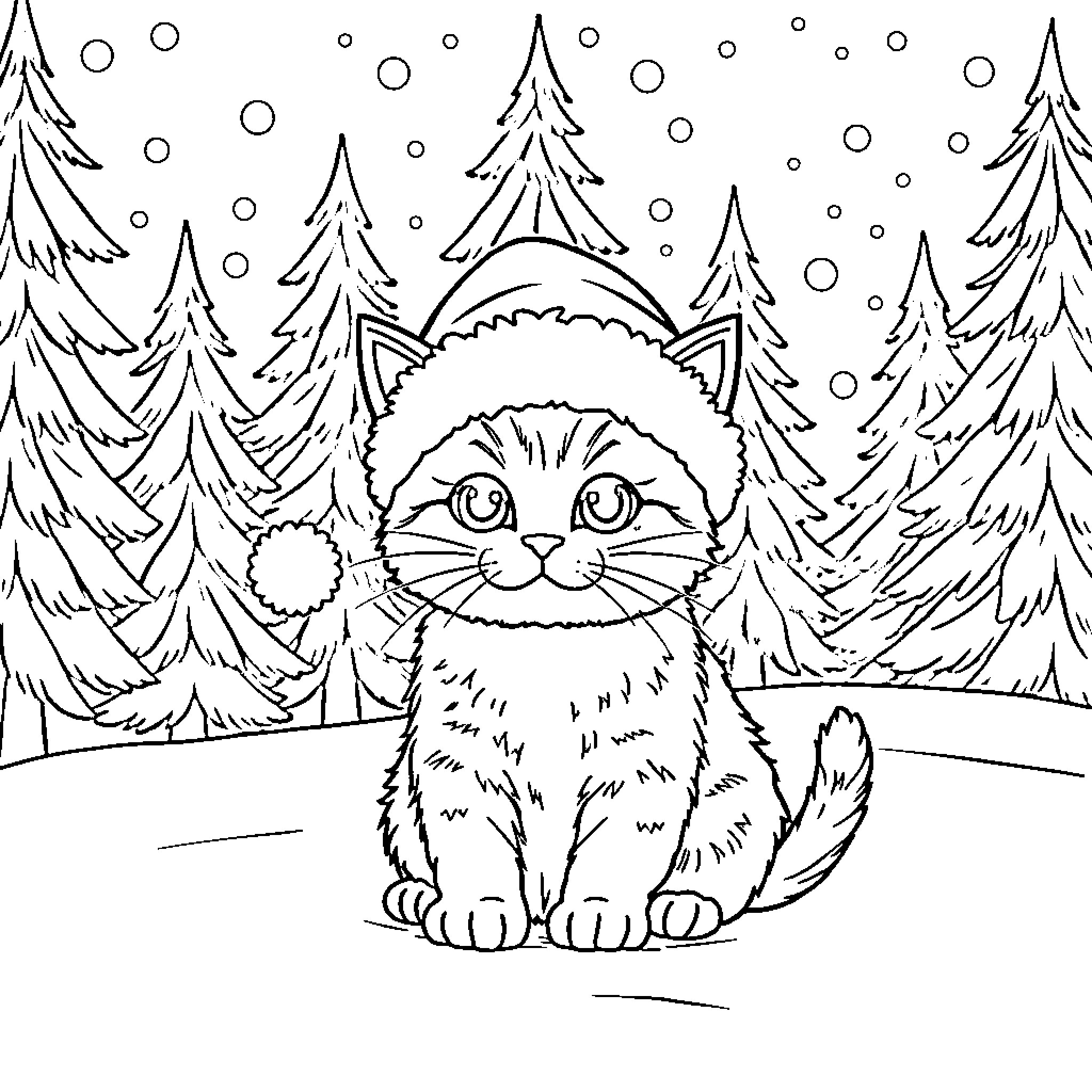 Cat playing in snowy winter forest Coloring Page (free black-and-white line drawing printable PDF for all, from beginners to advanced learners, including children, teens, adults, and seniors)