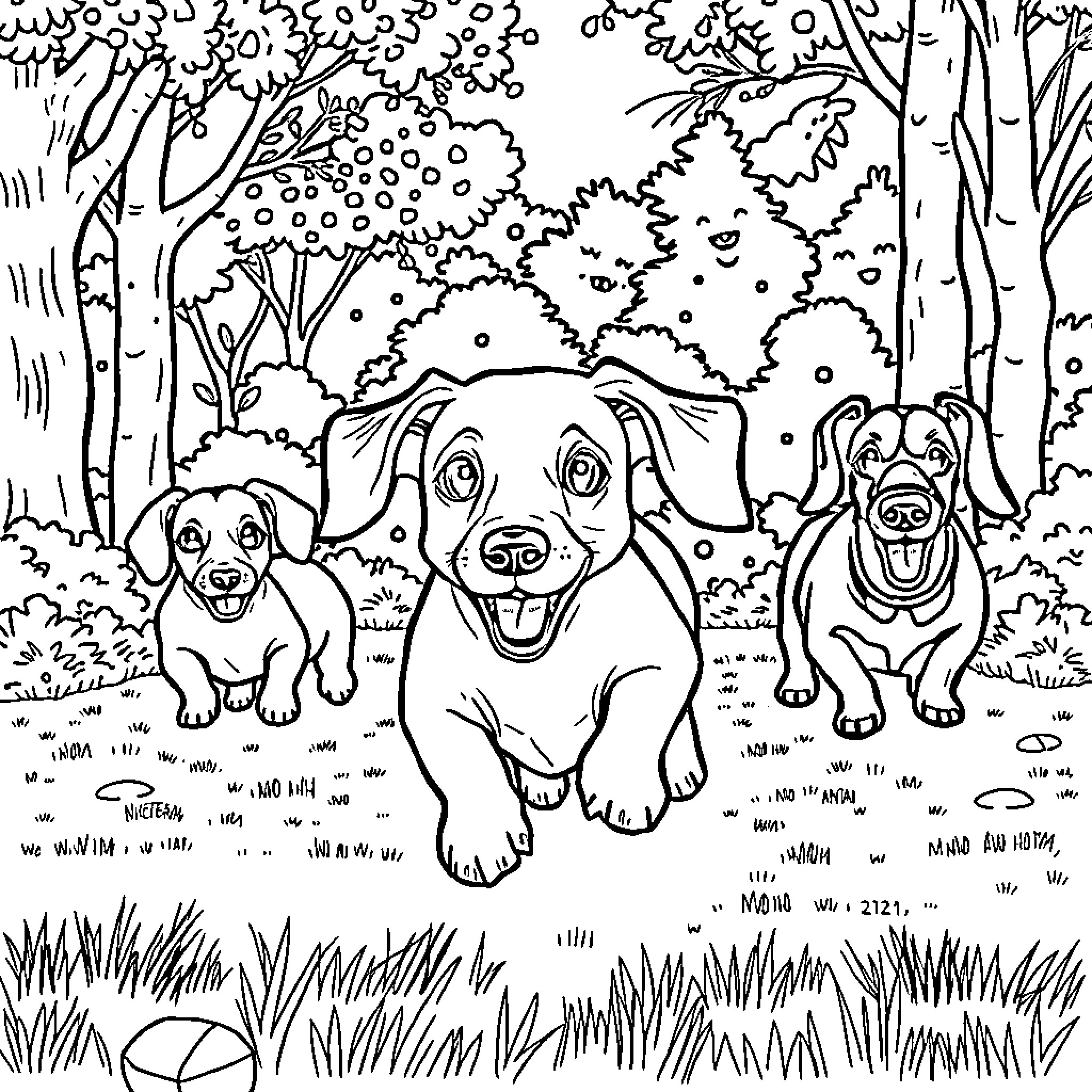 Dachshund friends frolicking in the forest Coloring Page (free black-and-white line drawing printable PDF for all, from beginners to advanced learners, including children, teens, adults, and seniors)