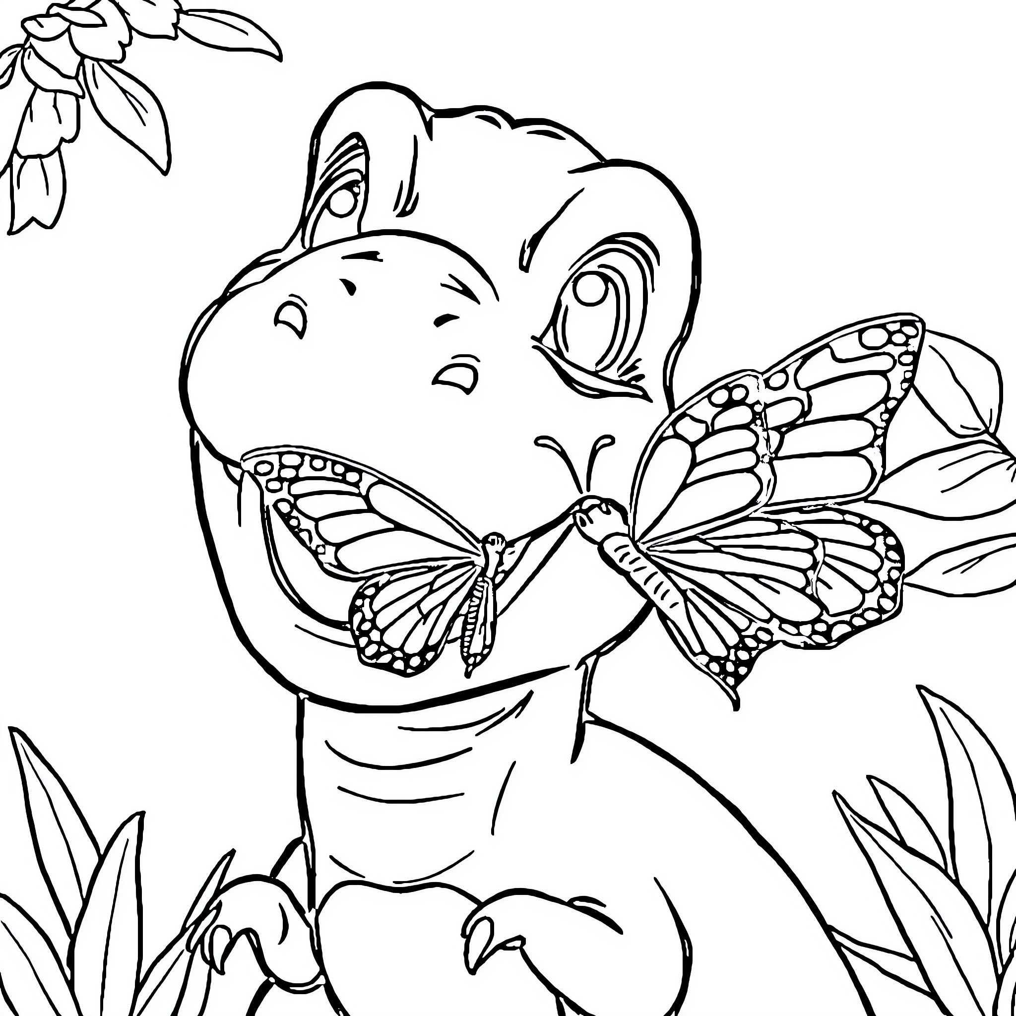 Baby T-Rex interacting with butterfly in nature Coloring Page (free black-and-white line drawing printable PDF for all, from beginners to advanced learners, including children, teens, adults, and seniors)