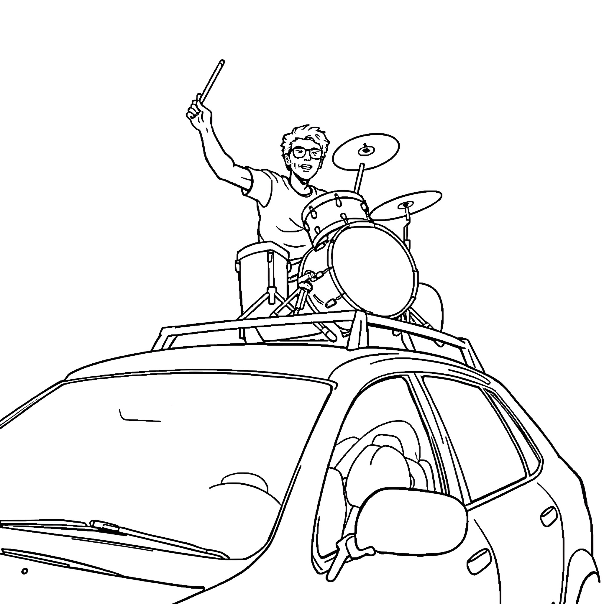 Drummer Performing Energetically on Car Roof Coloring Page (free black-and-white line drawing printable PDF for all, from beginners to advanced learners, including children, teens, adults, and seniors)