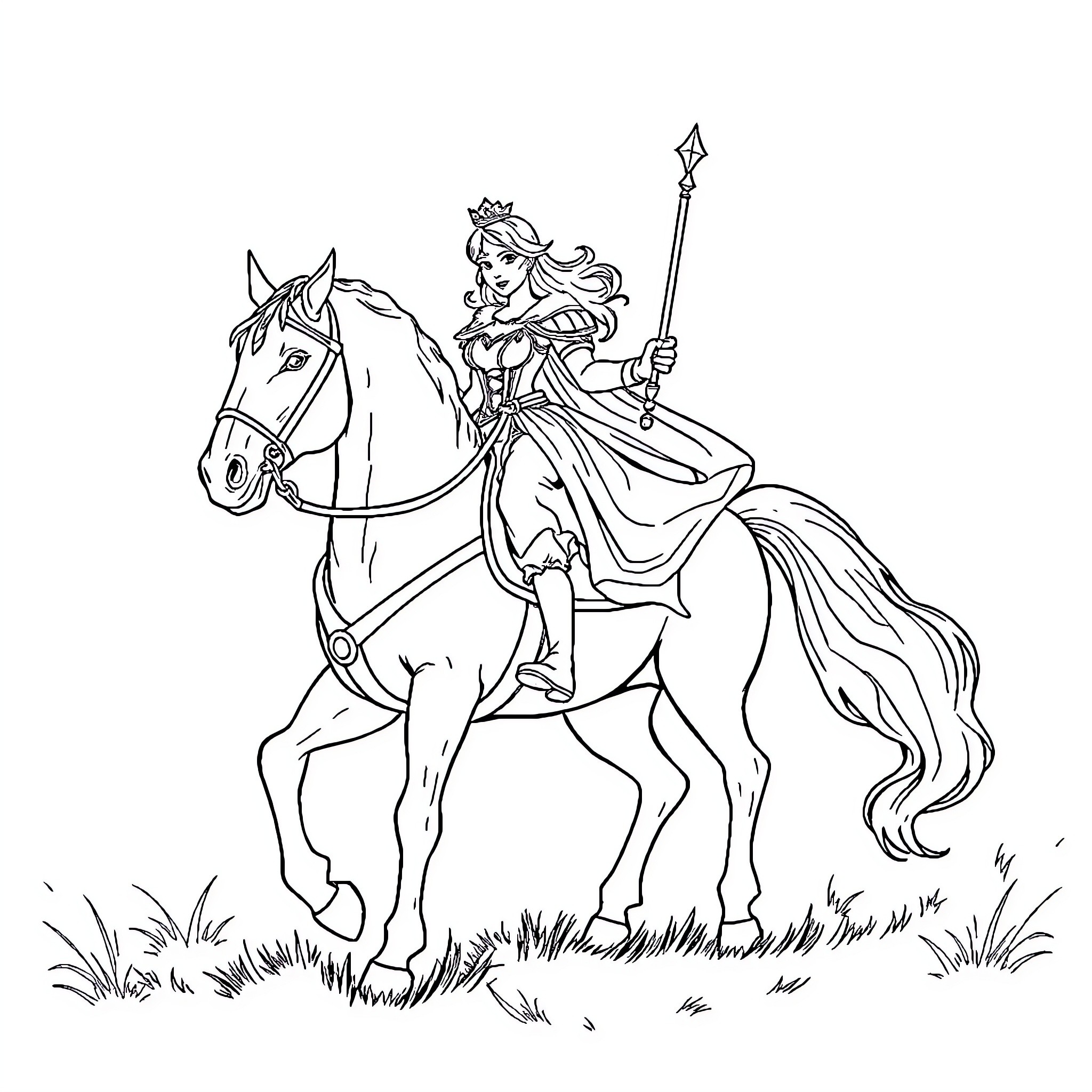 Princess riding heroically on a noble steed Coloring Page (free black-and-white line drawing printable PDF for all, from beginners to advanced learners, including children, teens, adults, and seniors)