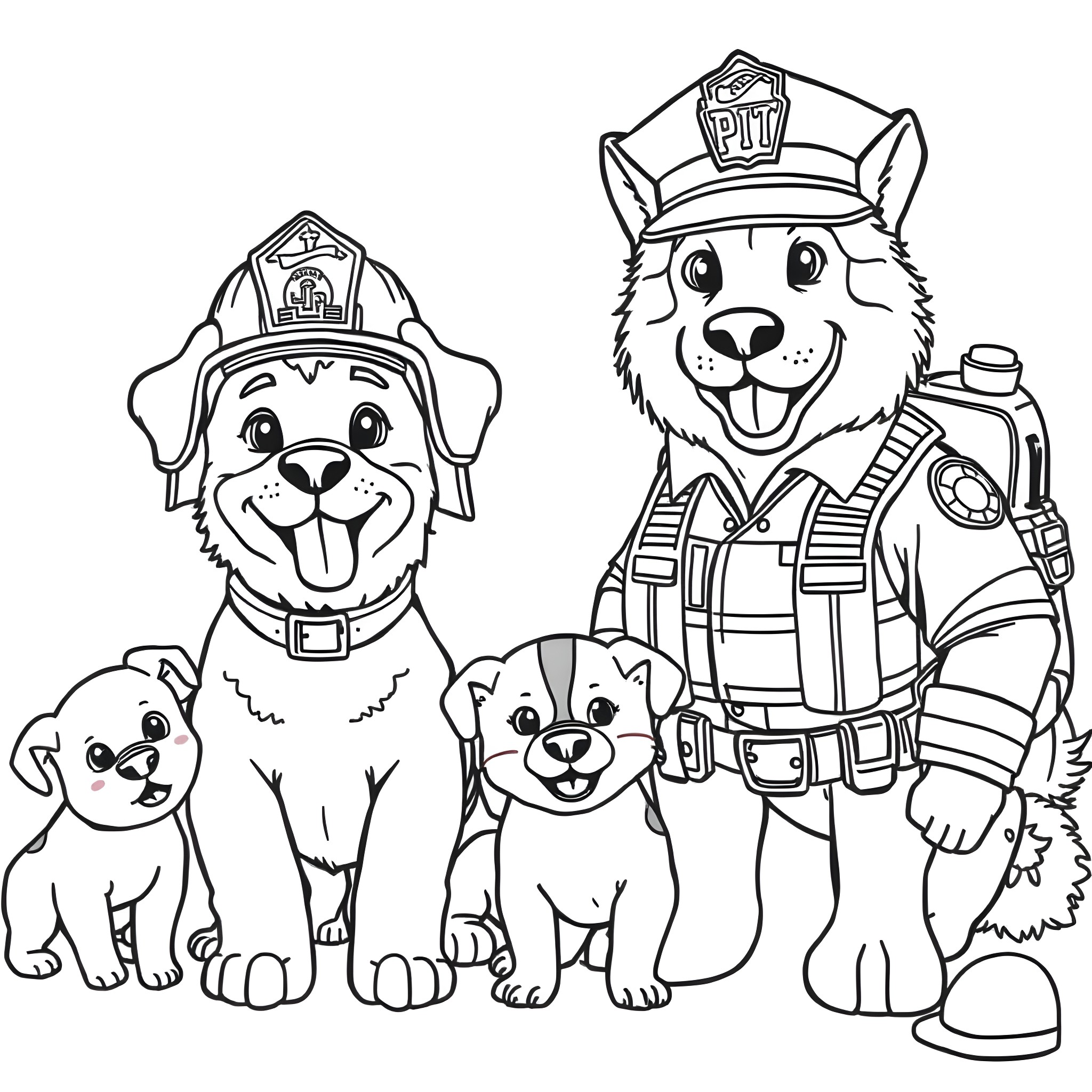 Dog firefighters and their puppy in uniform Coloring Page (free black-and-white line drawing printable PDF for all, from beginners to advanced learners, including children, teens, adults, and seniors)