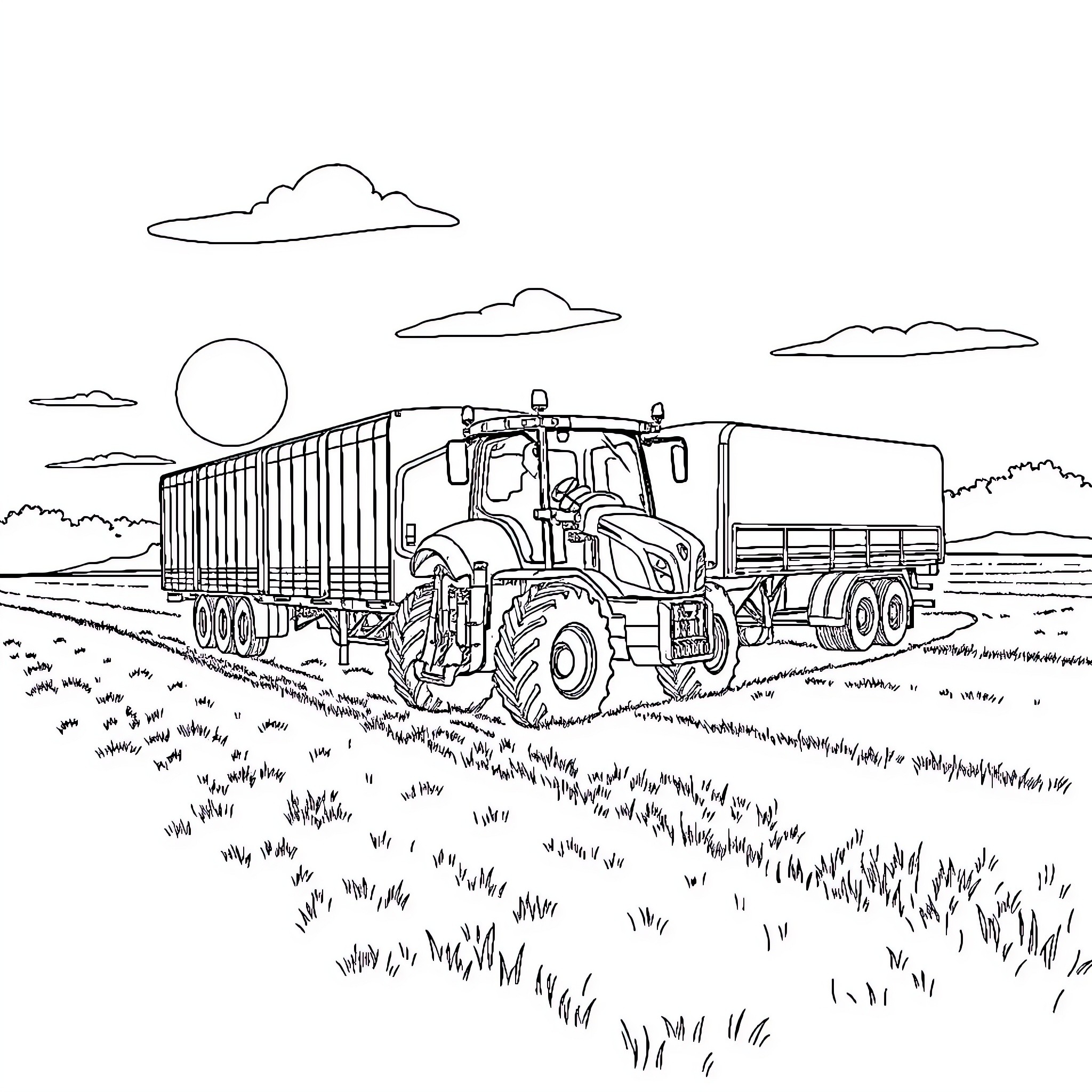 Tractor hauling trailer through rural landscape Coloring Page (free black-and-white line drawing printable PDF for all, from beginners to advanced learners, including children, teens, adults, and seniors)
