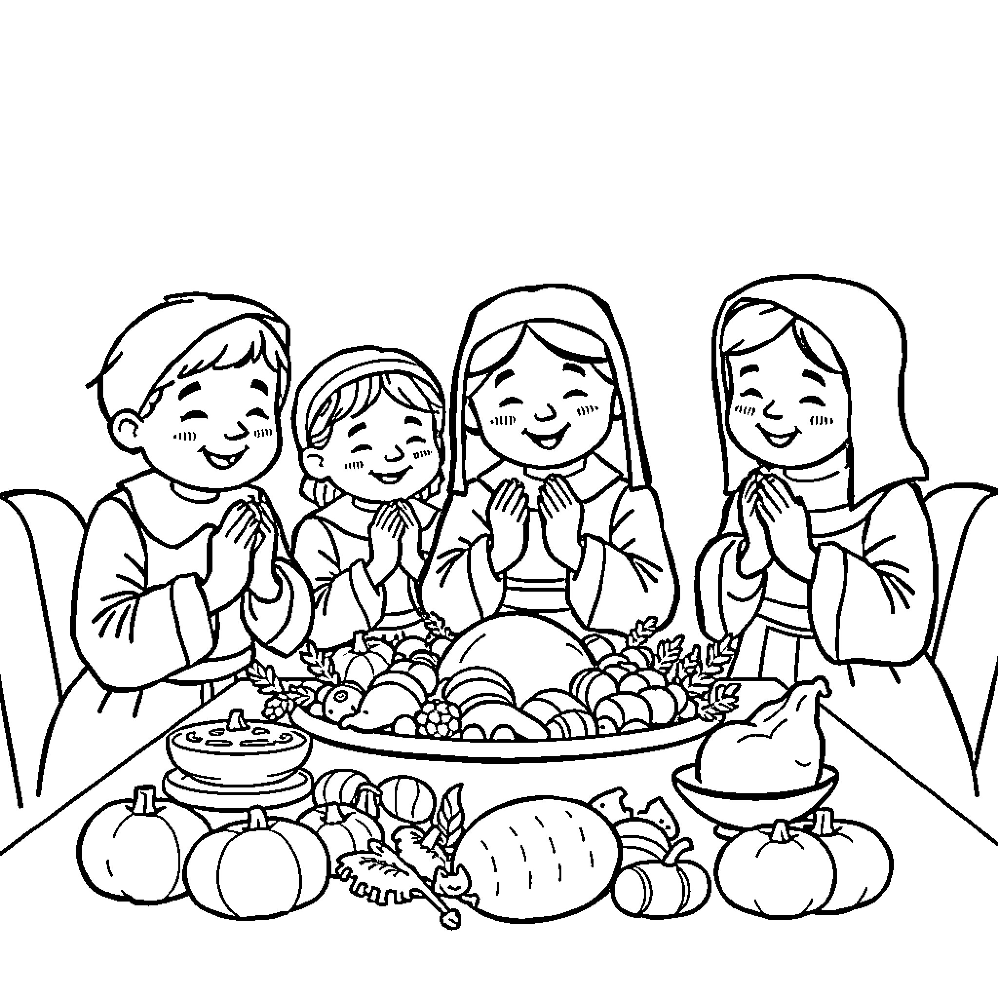 Pilgrim Family Sharing a Thanksgiving Feast Coloring Page (free black-and-white line drawing printable PDF for all, from beginners to advanced learners, including children, teens, adults, and seniors)
