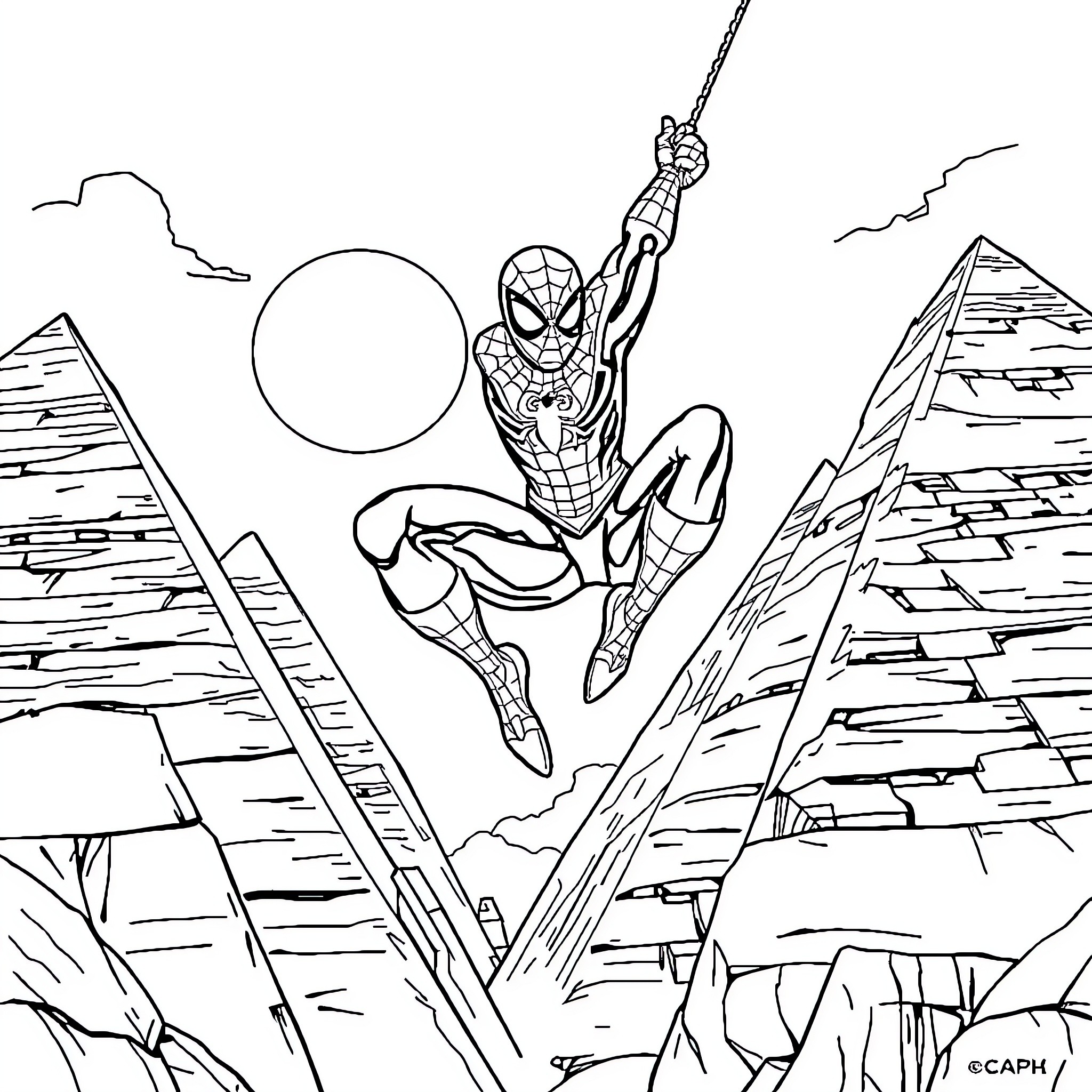 Spiderman swinging through the city skyline Coloring Page (free black-and-white line drawing printable PDF for all, from beginners to advanced learners, including children, teens, adults, and seniors)