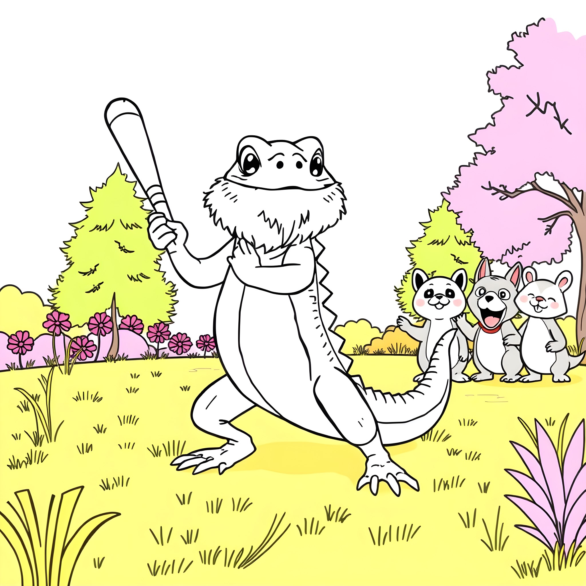 Bearded Dragon Playing in Lush Garden Coloring Page (free black-and-white line drawing printable PDF for all, from beginners to advanced learners, including children, teens, adults, and seniors)