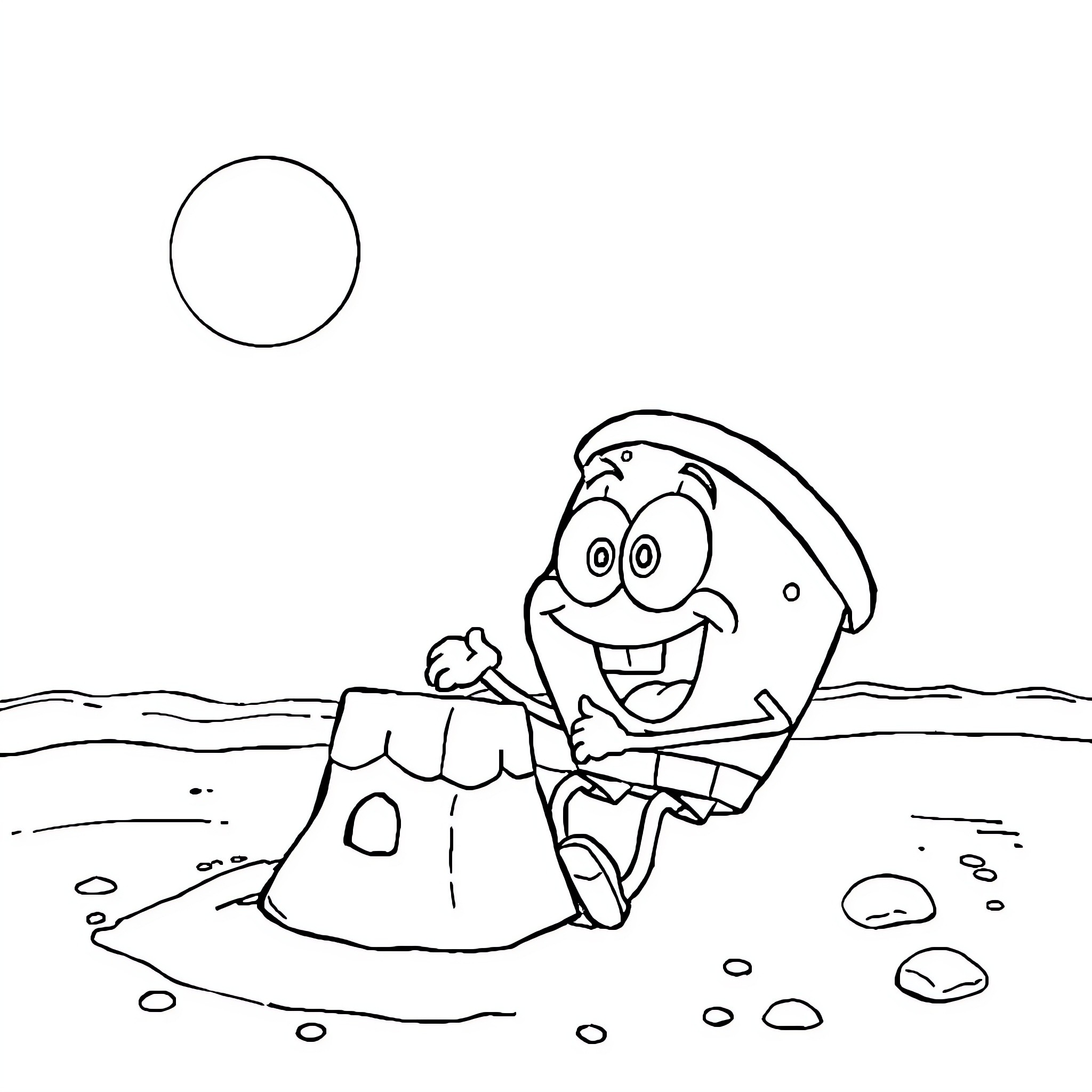 Spongebob building a sandcastle on the beach Coloring Page (free black-and-white line drawing printable PDF for all, from beginners to advanced learners, including children, teens, adults, and seniors)