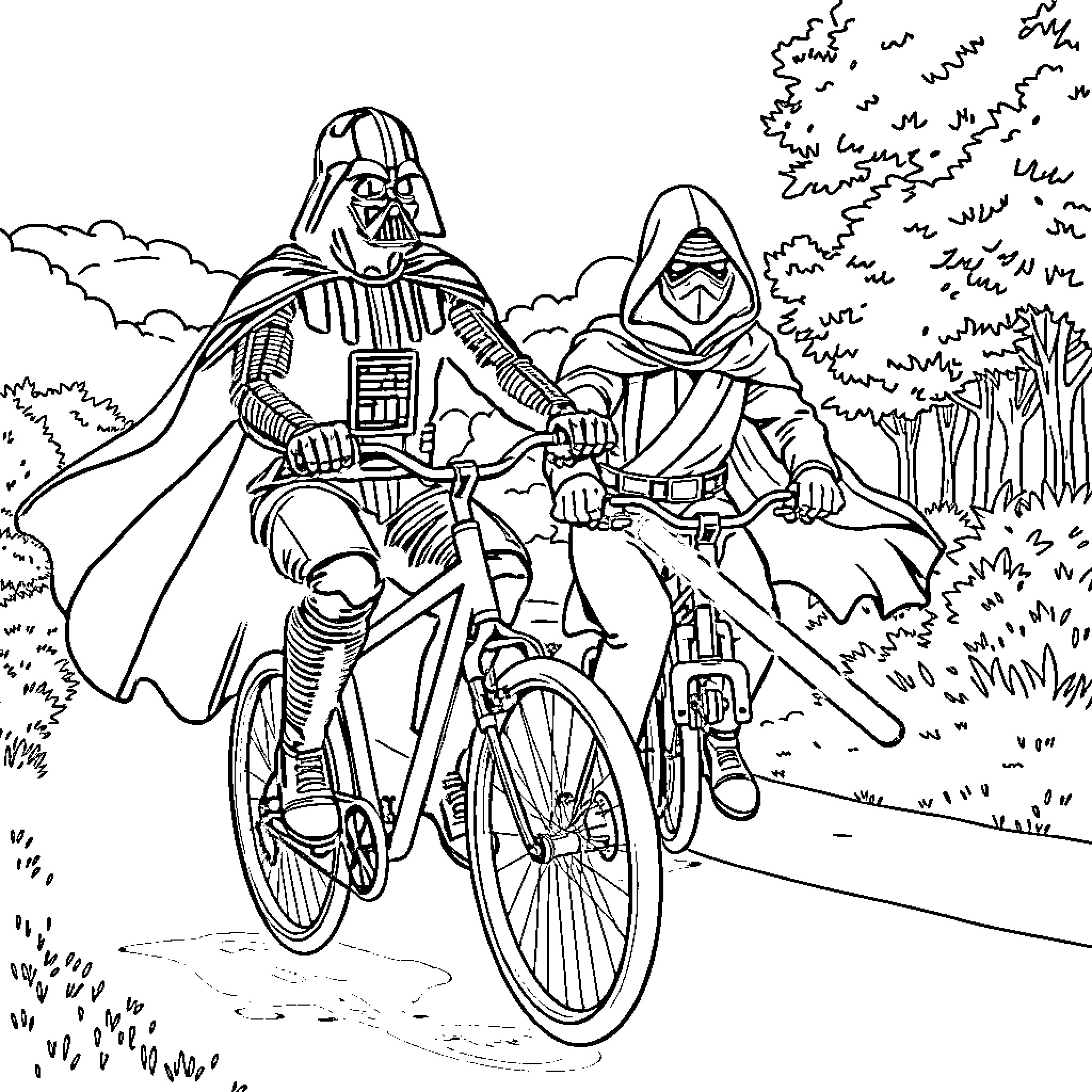 Darth Vader and Stormtrooper Cycling in the Forest Coloring Page (free black-and-white line drawing printable PDF for all, from beginners to advanced learners, including children, teens, adults, and seniors)