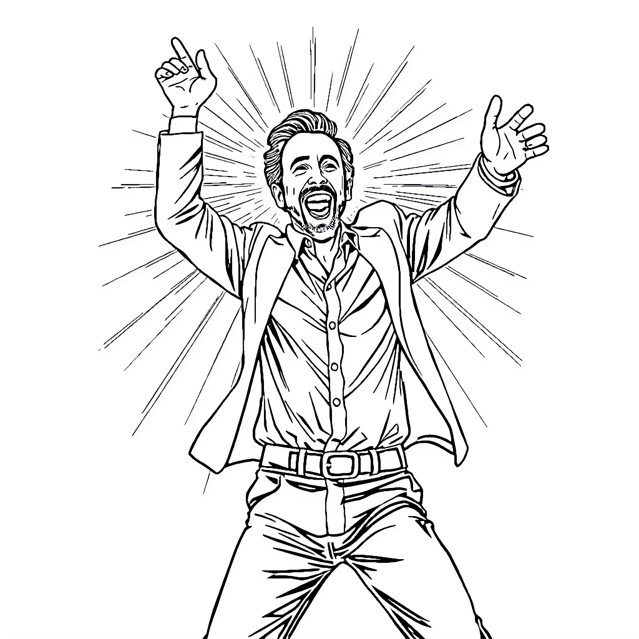 Nicolas Cage's Dramatic Celebration Coloring Page (free black-and-white line drawing printable PDF for all, from beginners to advanced learners, including children, teens, adults, and seniors)