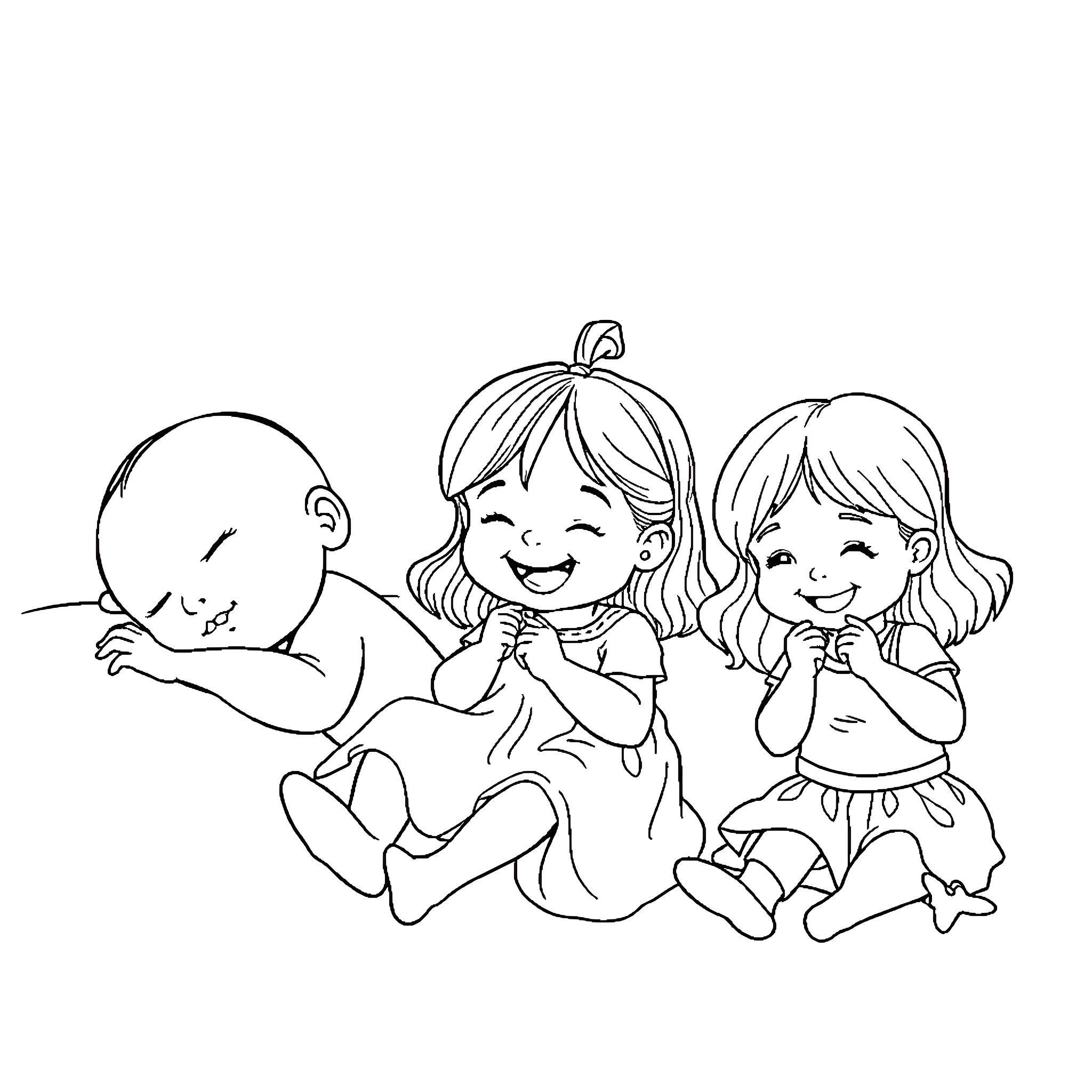 Girl Playing with Friends Happily Coloring Page (free black-and-white line drawing printable PDF for all, from beginners to advanced learners, including children, teens, adults, and seniors)