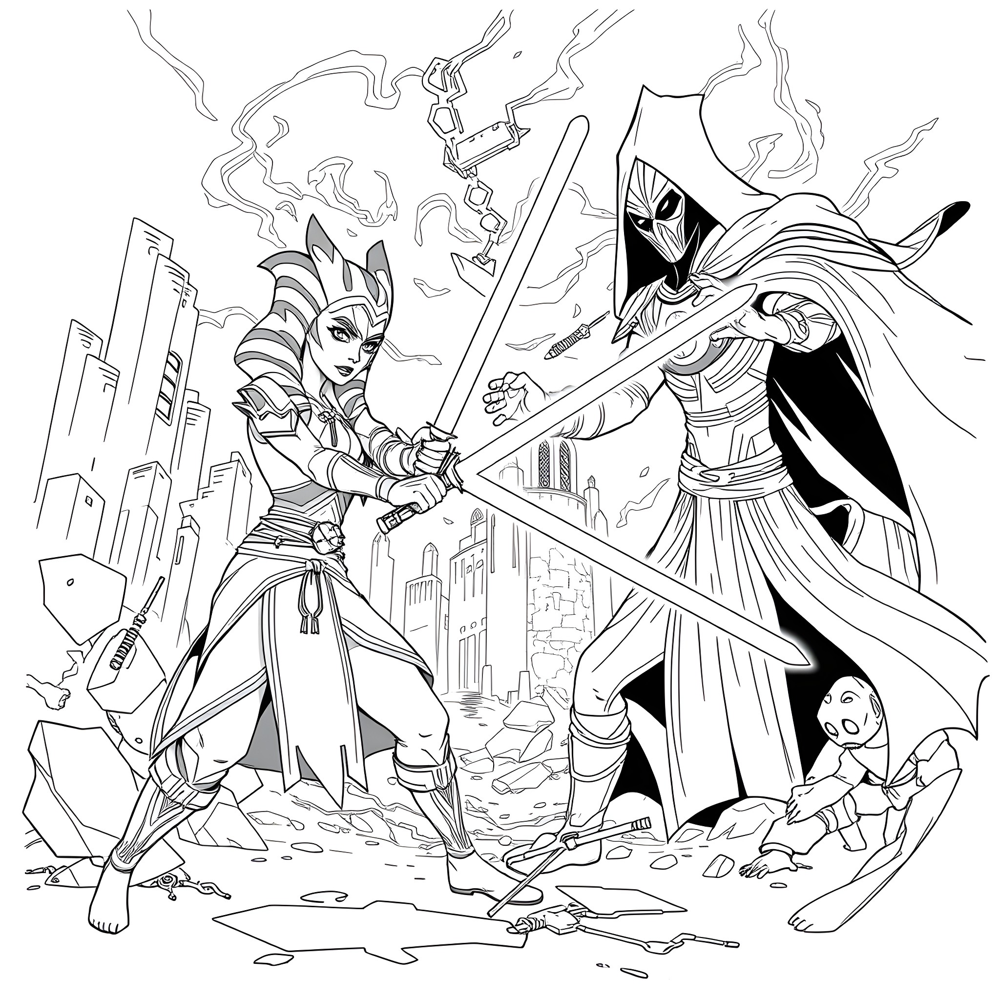 Ashoka's Heroic Battle Against the Darkness Coloring Page (free black-and-white line drawing printable PDF for all, from beginners to advanced learners, including children, teens, adults, and seniors)