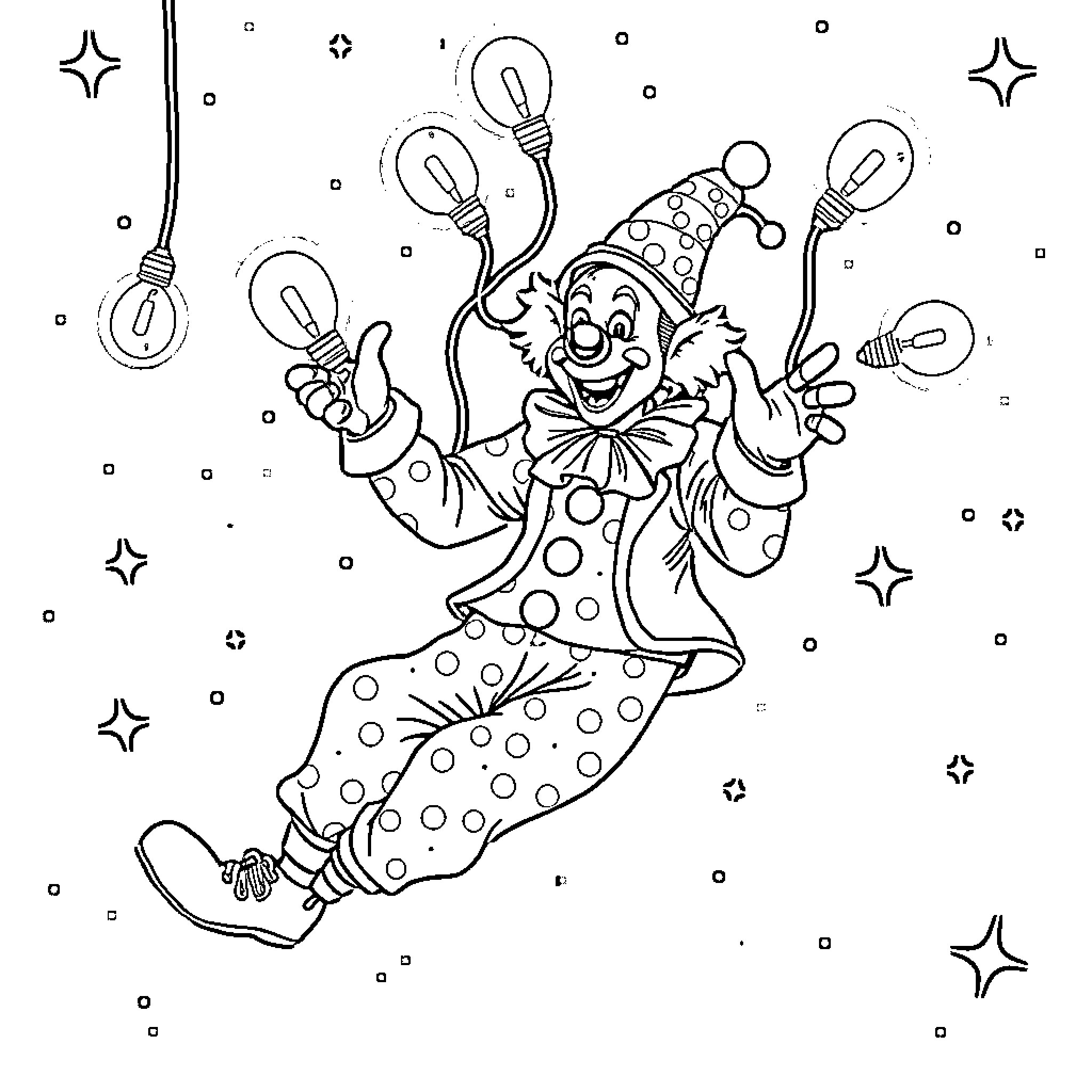 Clown juggling and performing with lightbulbs Coloring Page (free black-and-white line drawing printable PDF for all, from beginners to advanced learners, including children, teens, adults, and seniors)