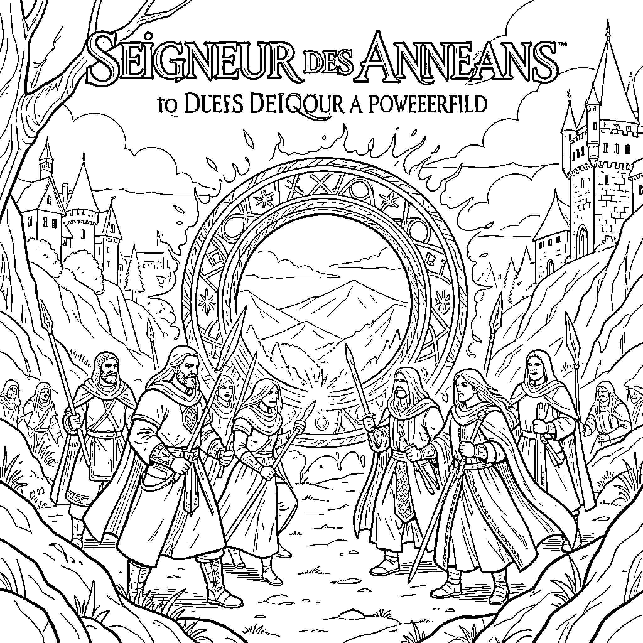 Lord of the Rings characters gathering before a mystical portal Coloring Page (free black-and-white line drawing printable PDF for all, from beginners to advanced learners, including children, teens, adults, and seniors)