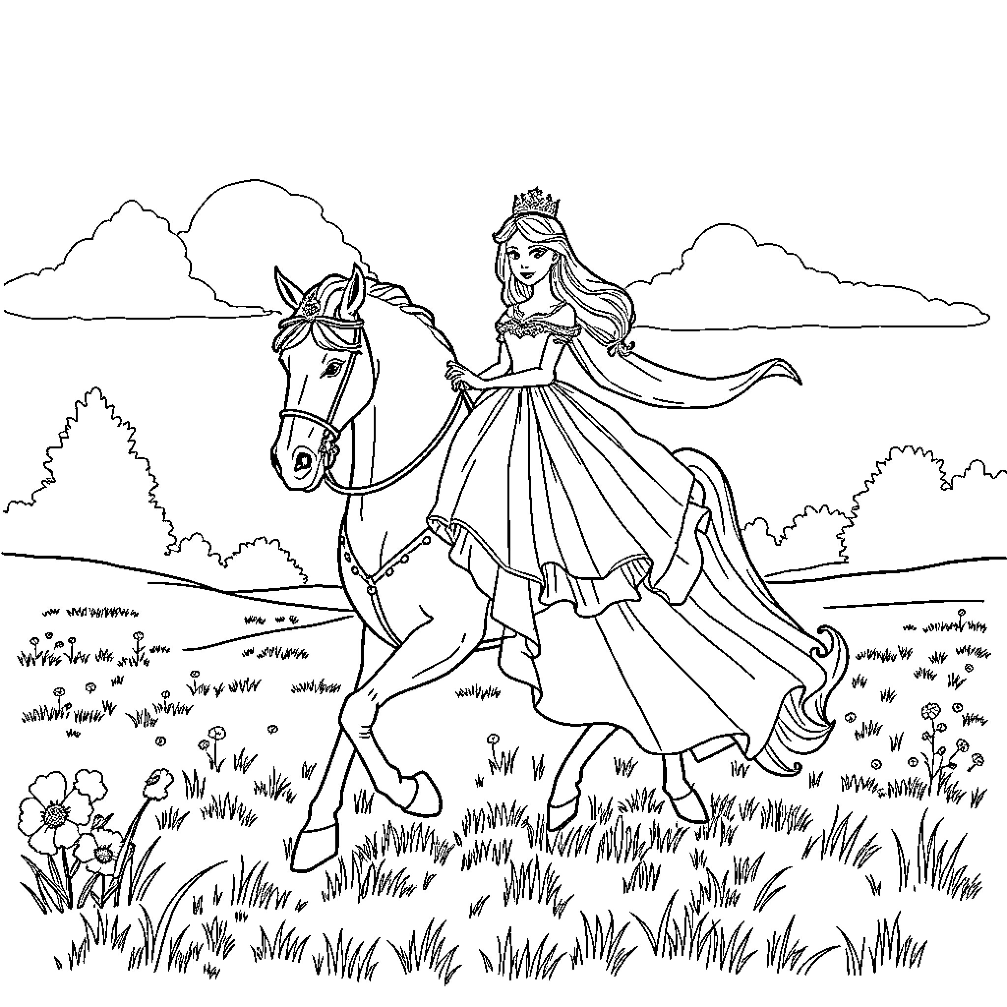 Princess riding a horse through the countryside Coloring Page (free black-and-white line drawing printable PDF for all, from beginners to advanced learners, including children, teens, adults, and seniors)