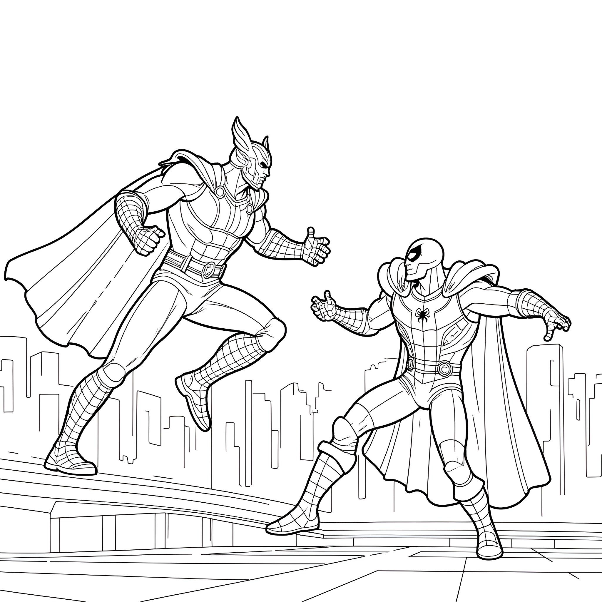 Thor battles a powerful foe in the city Coloring Page (free black-and-white line drawing printable PDF for all, from beginners to advanced learners, including children, teens, adults, and seniors)