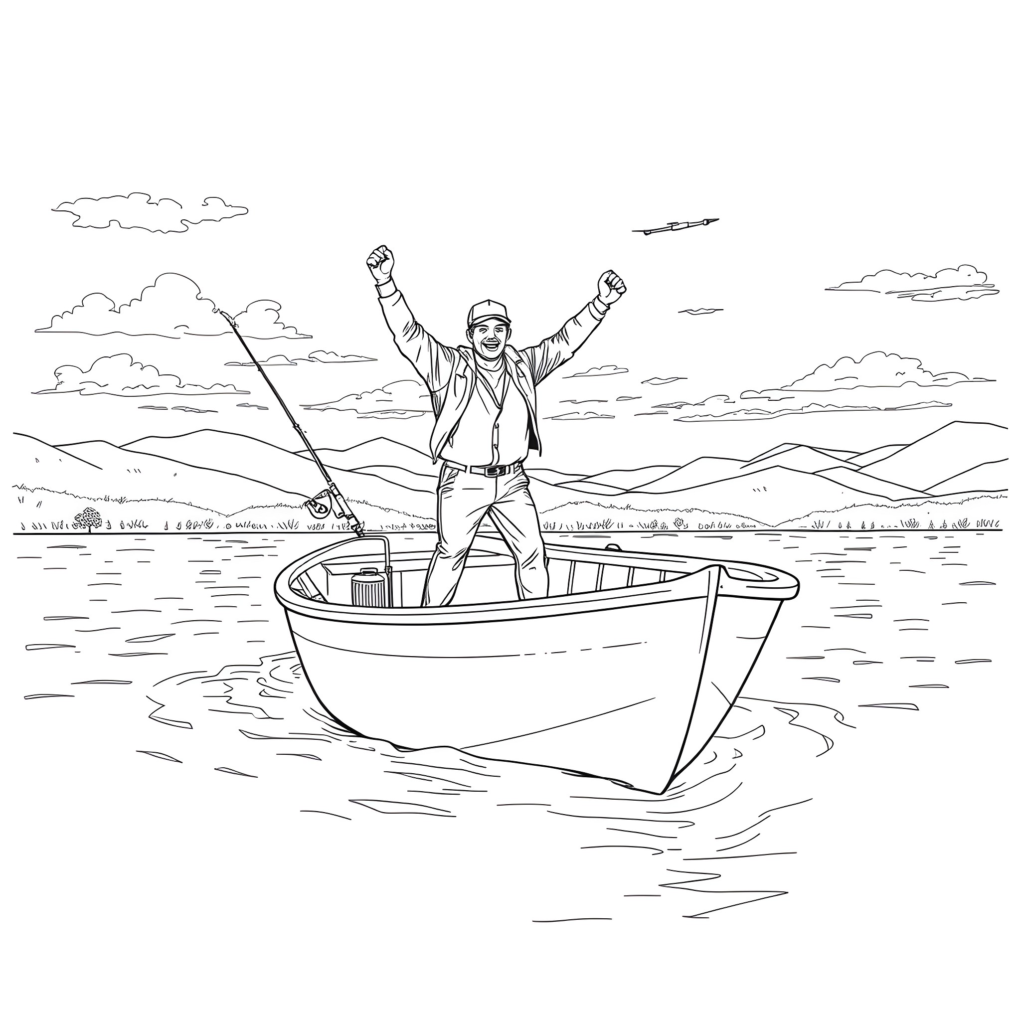 Boat fishing with joy on the open water Coloring Page (free black-and-white line drawing printable PDF for all, from beginners to advanced learners, including children, teens, adults, and seniors)