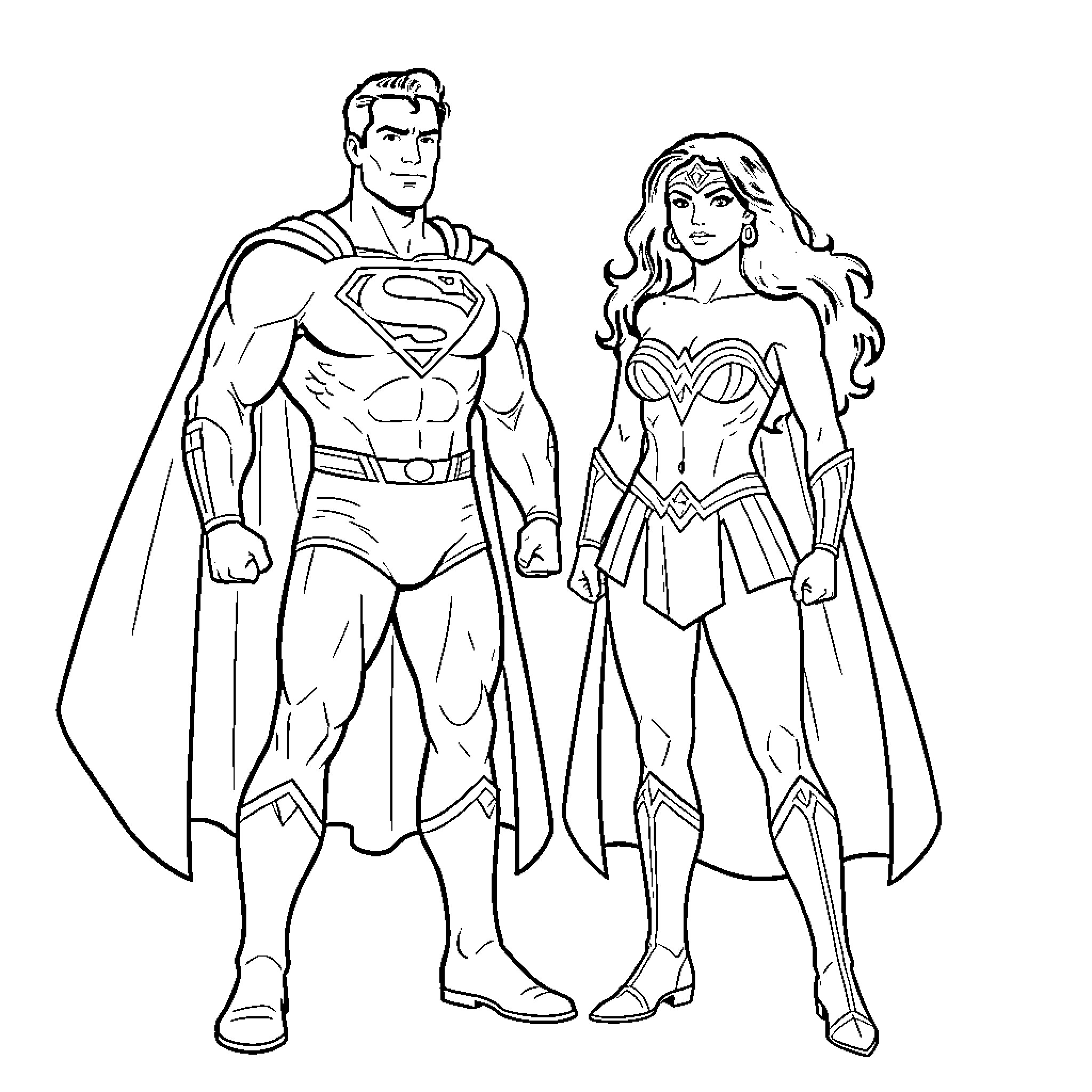 Superman and Wonder Woman standing heroically side by side Coloring Page (free black-and-white line drawing printable PDF for all, from beginners to advanced learners, including children, teens, adults, and seniors)