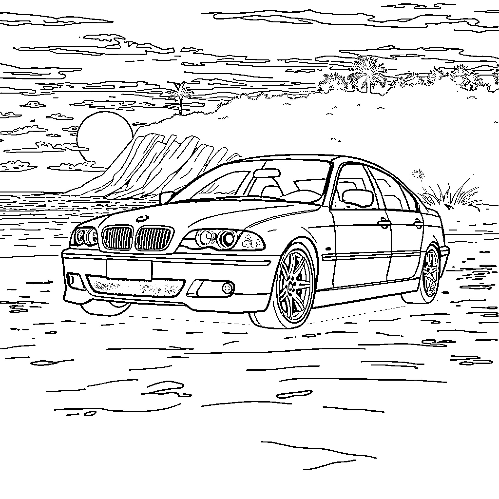 BMW sports car in scenic desert landscape Coloring Page (free black-and-white line drawing printable PDF for all, from beginners to advanced learners, including children, teens, adults, and seniors)