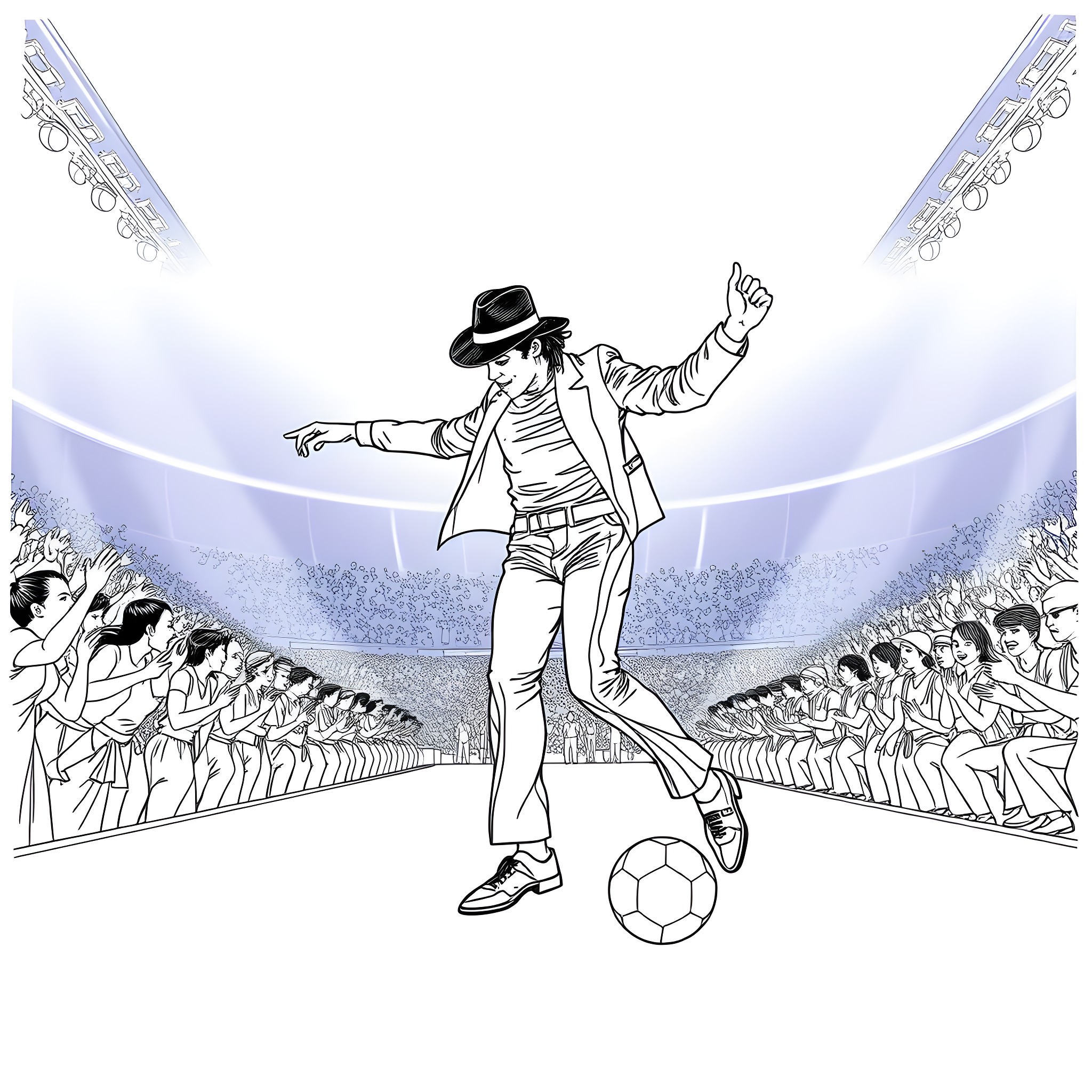 Michael Jackson Performing on Stage with Crowd Coloring Page (free black-and-white line drawing printable PDF for all, from beginners to advanced learners, including children, teens, adults, and seniors)