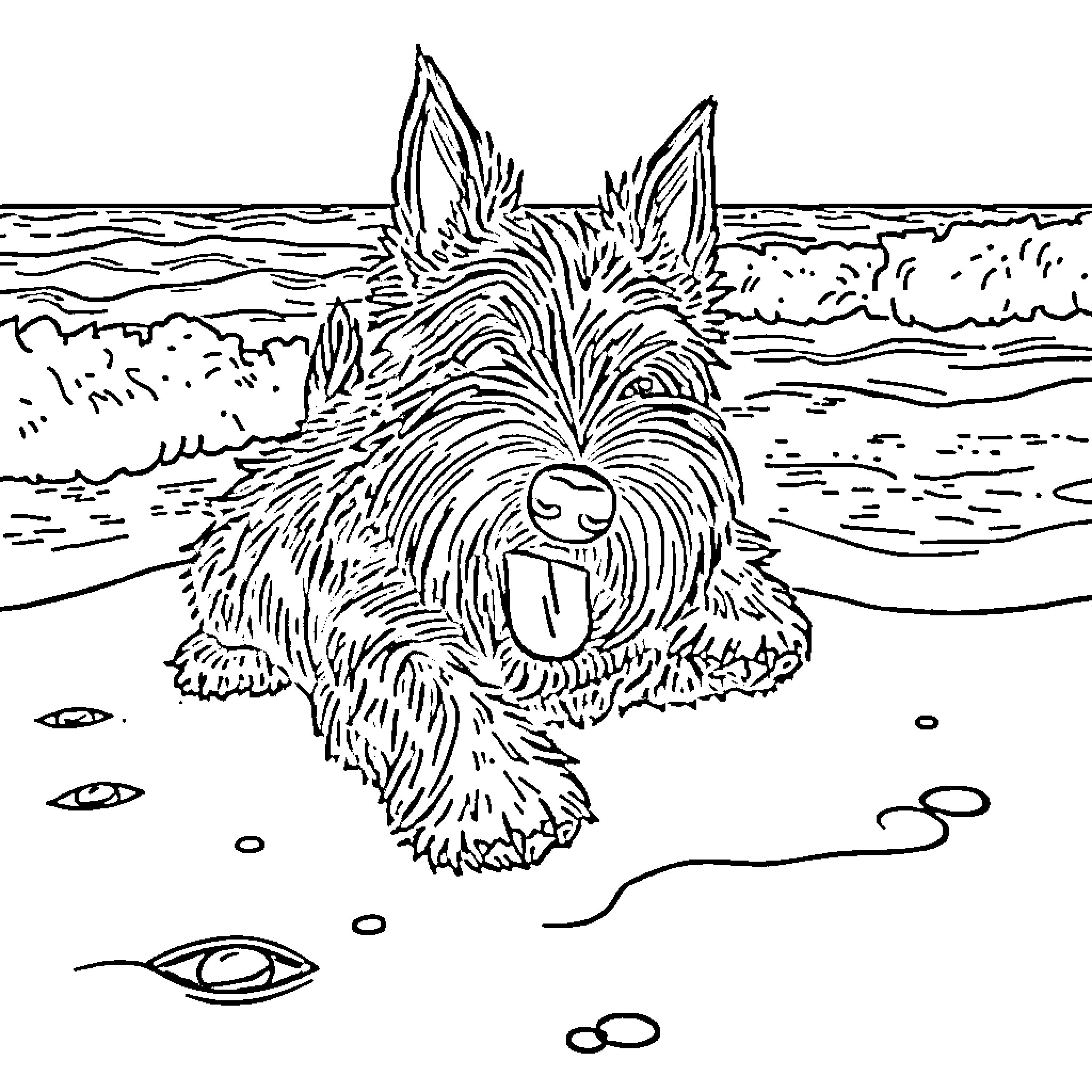 Dog relaxing on the beach Coloring Page (free black-and-white line drawing printable PDF for all, from beginners to advanced learners, including children, teens, adults, and seniors)