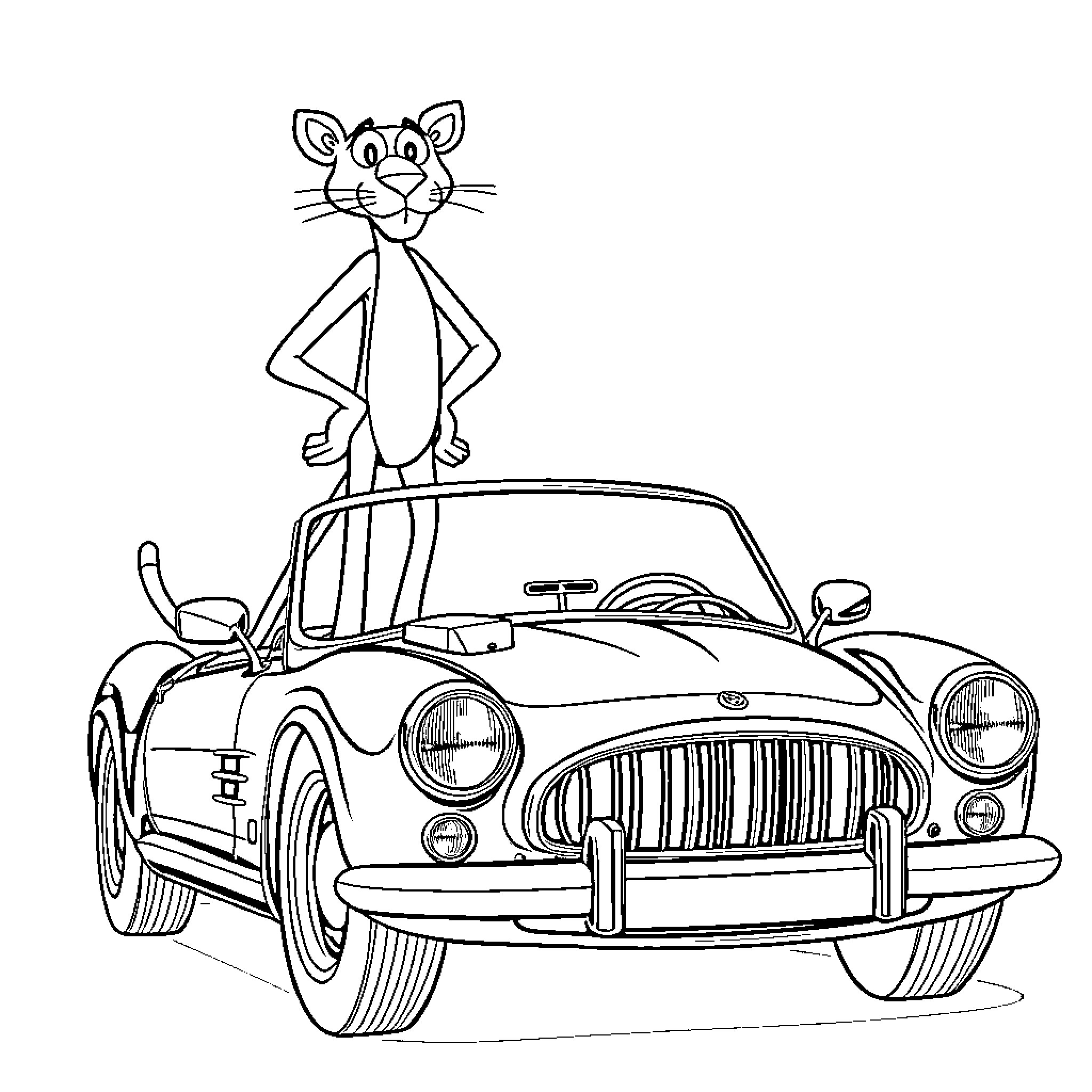 Pink Panther stands atop a classic sports car Coloring Page (free black-and-white line drawing printable PDF for all, from beginners to advanced learners, including children, teens, adults, and seniors)