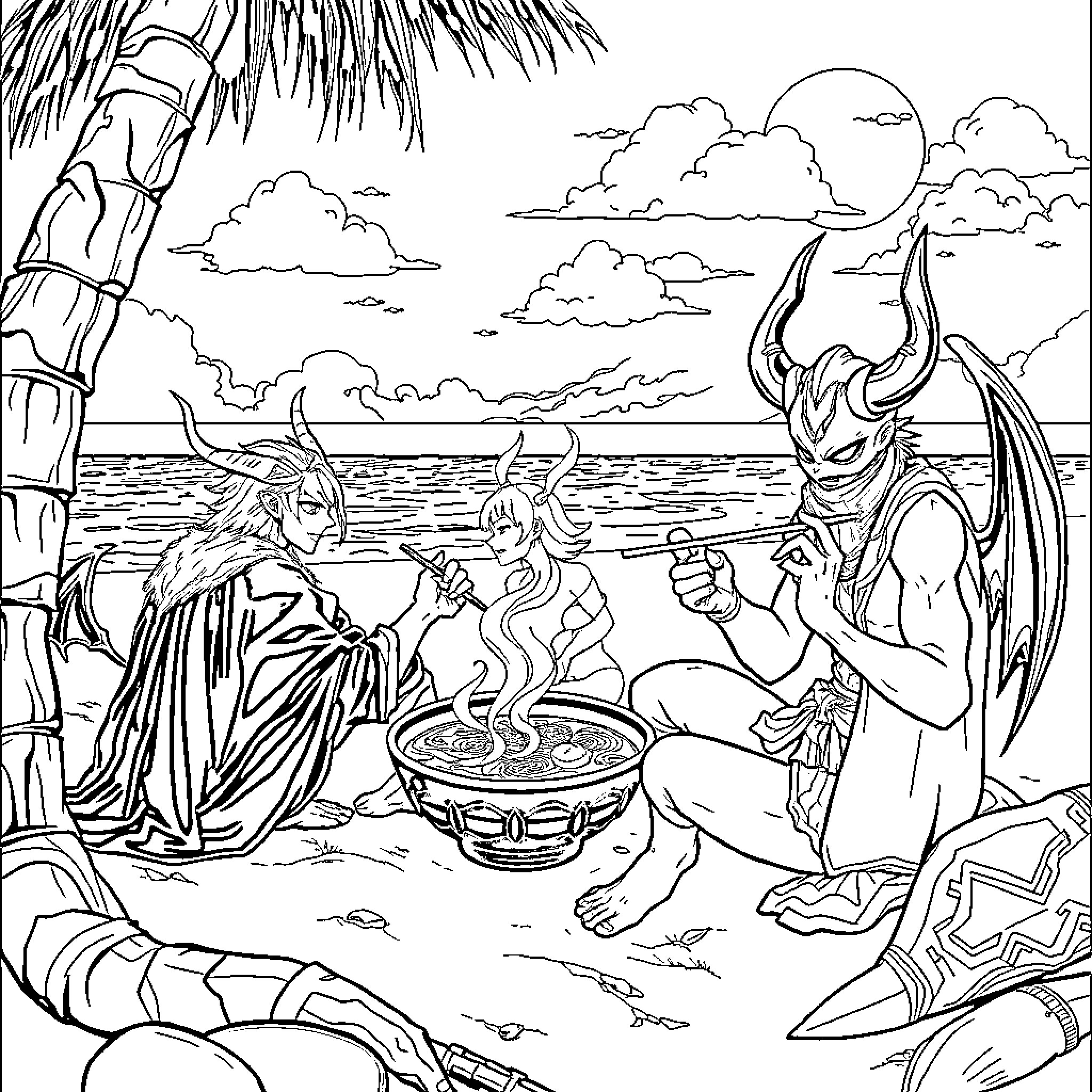 Demon Hunter's Coastal Campfire Gathering Coloring Page (free black-and-white line drawing printable PDF for all, from beginners to advanced learners, including children, teens, adults, and seniors)