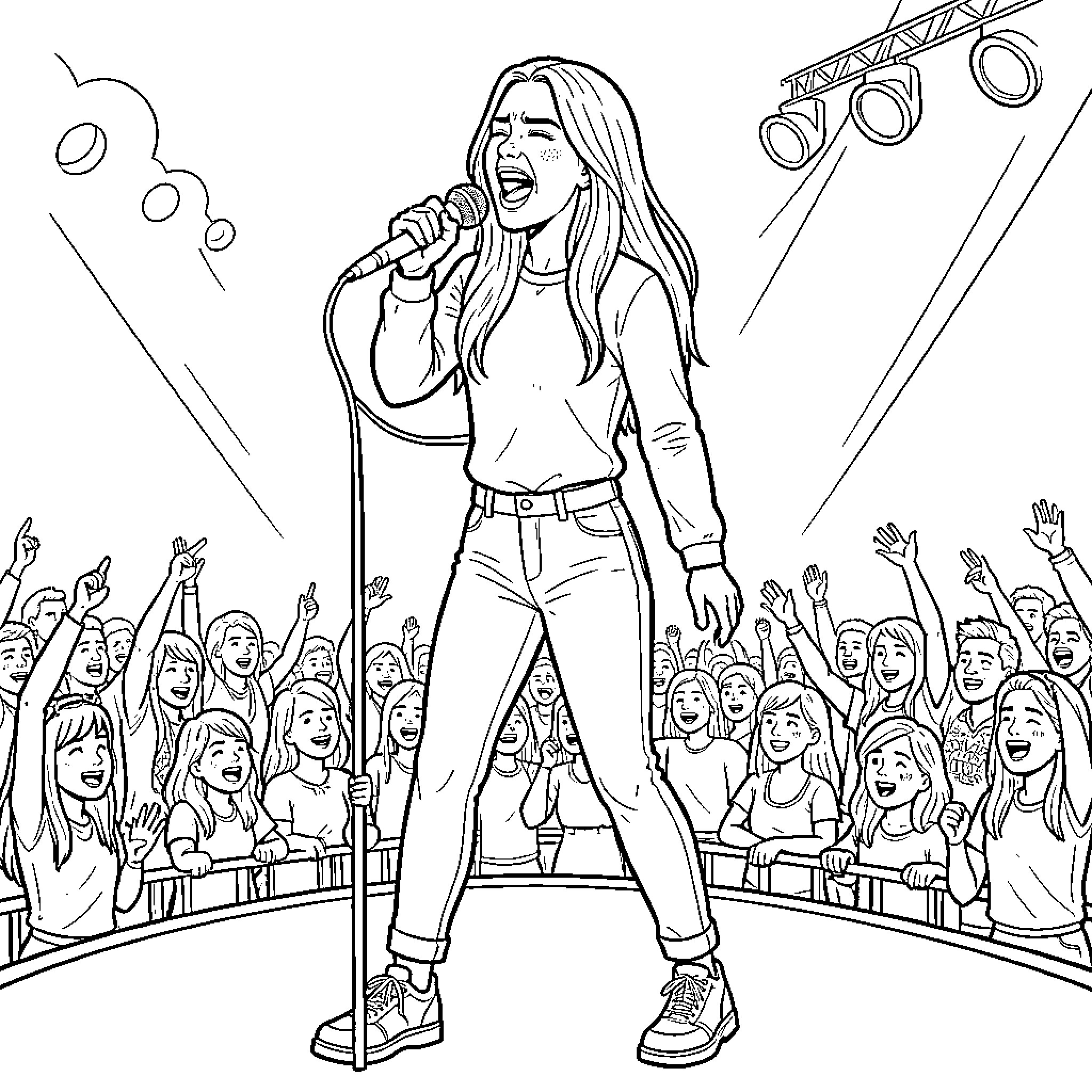 Zara Larsson singing passionately on stage for a crowd Coloring Page (free black-and-white line drawing printable PDF for all, from beginners to advanced learners, including children, teens, adults, and seniors)