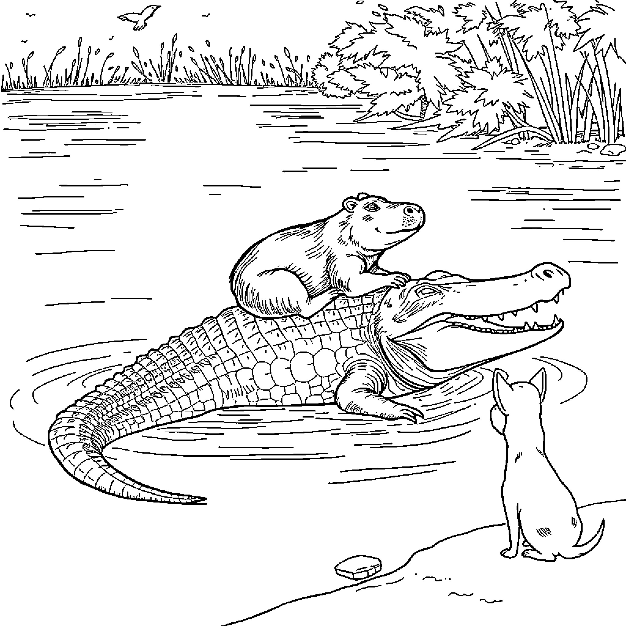 Capybara riding on the back of an alligator Coloring Page (free black-and-white line drawing printable PDF for all, from beginners to advanced learners, including children, teens, adults, and seniors)