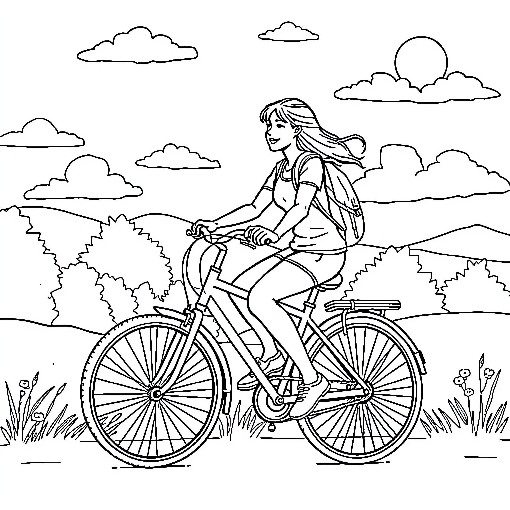 Heidi enjoying a bike ride through the countryside Coloring Page (free black-and-white line drawing printable PDF for all, from beginners to advanced learners, including children, teens, adults, and seniors)