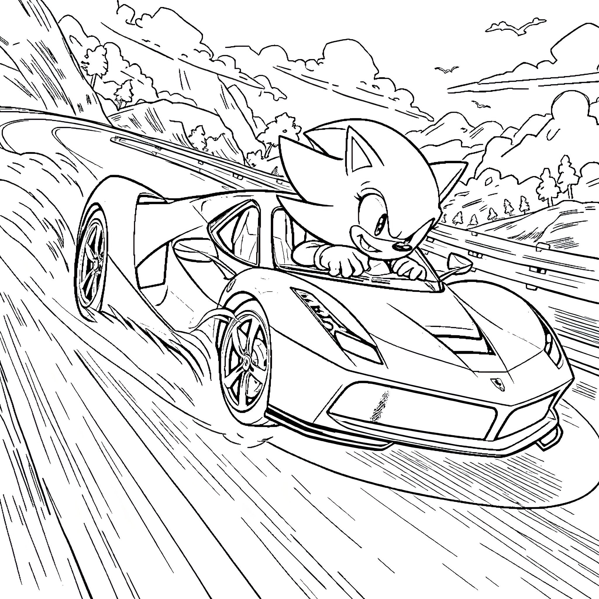 Sonic speeding through an adventurous landscape Coloring Page (free black-and-white line drawing printable PDF for all, from beginners to advanced learners, including children, teens, adults, and seniors)