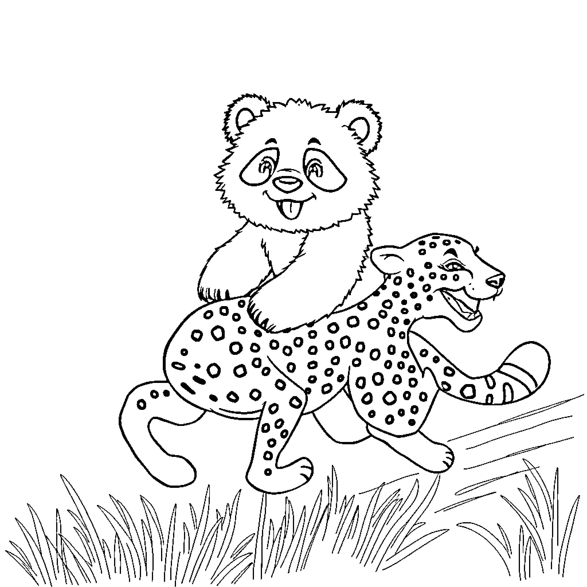 Panda playing happily with spotted animal Coloring Page (free black-and-white line drawing printable PDF for all, from beginners to advanced learners, including children, teens, adults, and seniors)