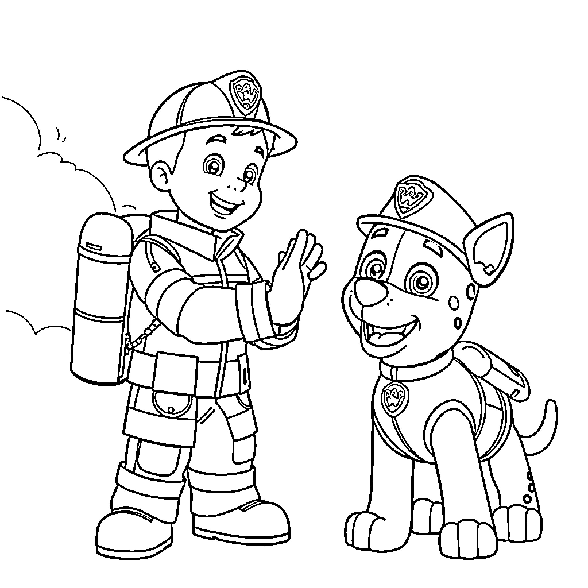 Fireman Sam and his Dalmatian Pup on Duty Coloring Page (free black-and-white line drawing printable PDF for all, from beginners to advanced learners, including children, teens, adults, and seniors)