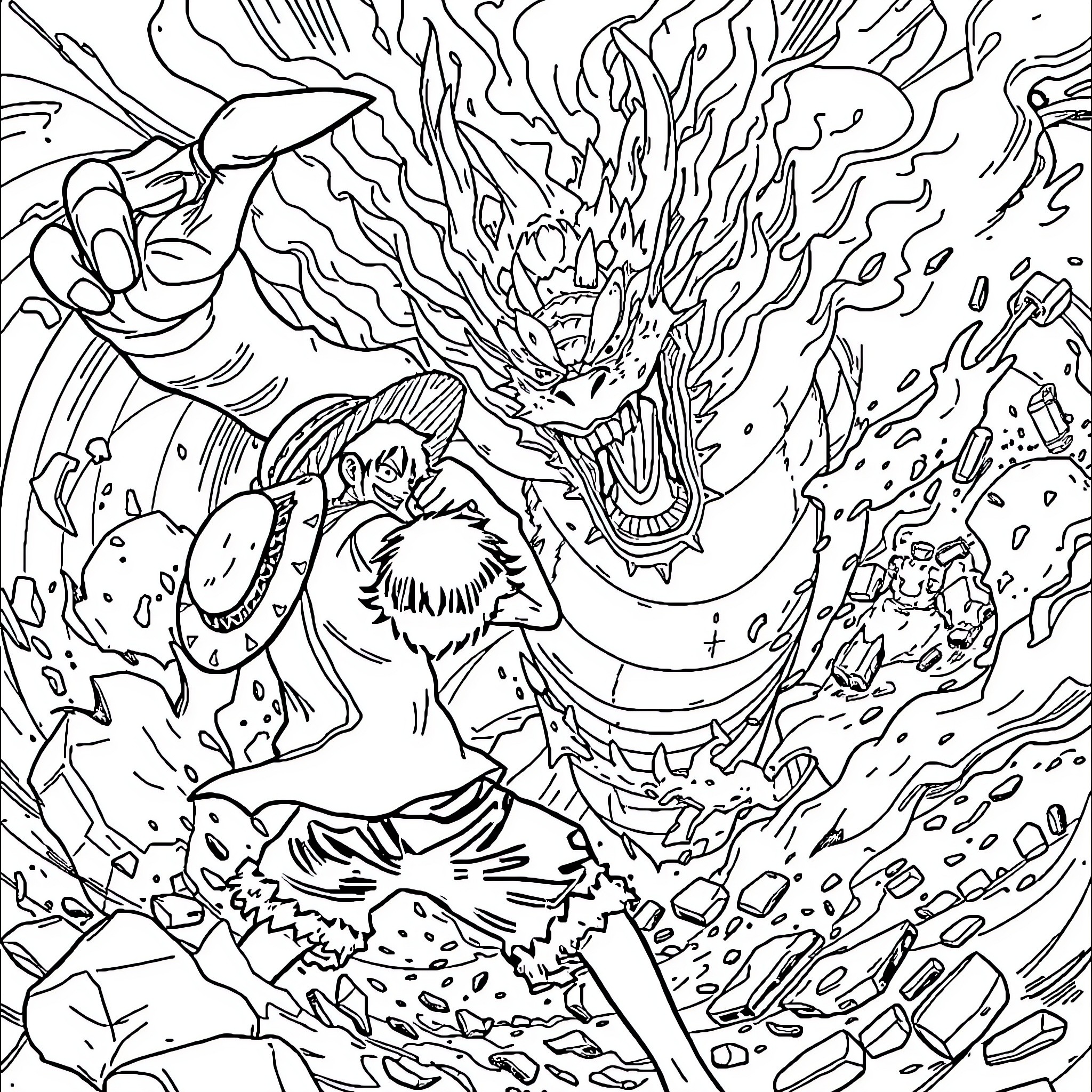 Luffy's Fierce Battle Against a Monstrous Foe Coloring Page (free black-and-white line drawing printable PDF for all, from beginners to advanced learners, including children, teens, adults, and seniors)