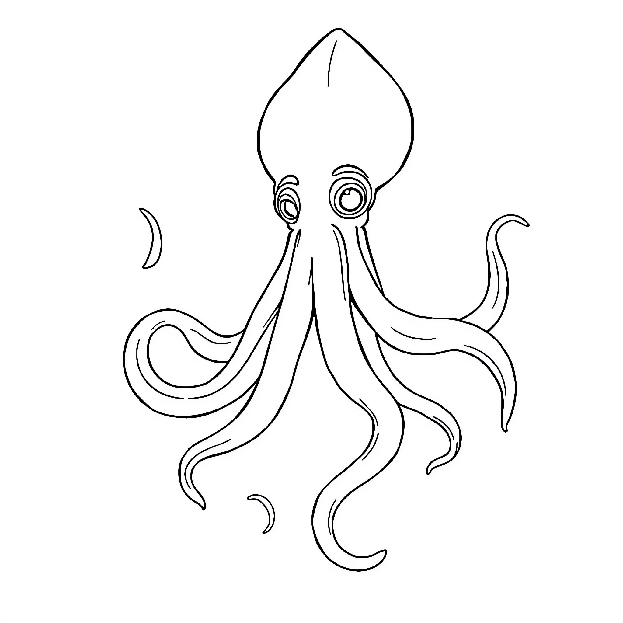 Squid with tentacles in motion Coloring Page (free black-and-white line drawing printable PDF for all, from beginners to advanced learners, including children, teens, adults, and seniors)