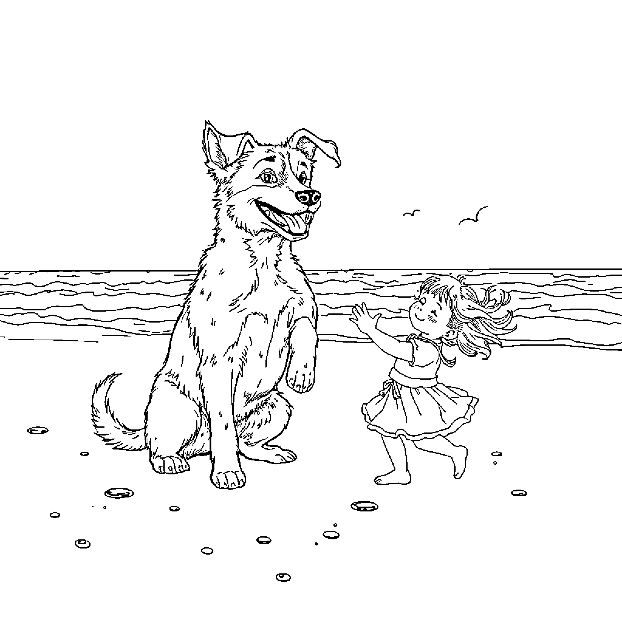 Cocker Spaniel and Girl Playing at the Beach Coloring Page (free black-and-white line drawing printable PDF for all, from beginners to advanced learners, including children, teens, adults, and seniors)
