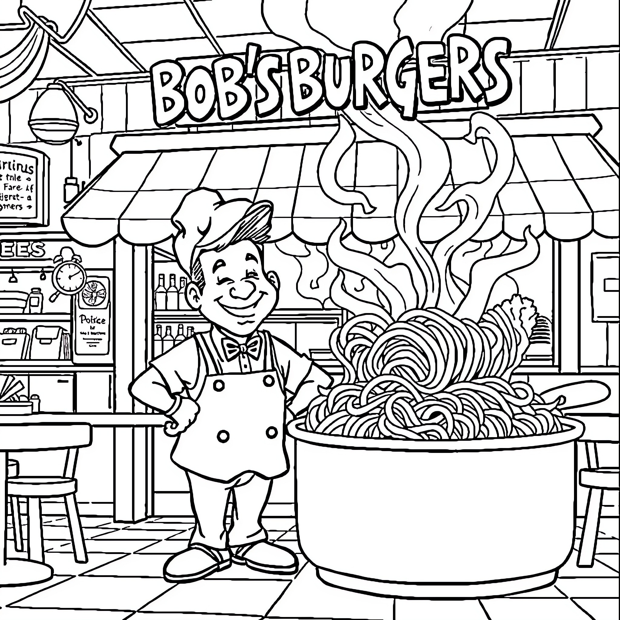 Bob's Burgers: A Cheerful Cook and Delicious Fare Coloring Page (free black-and-white line drawing printable PDF for all, from beginners to advanced learners, including children, teens, adults, and seniors)