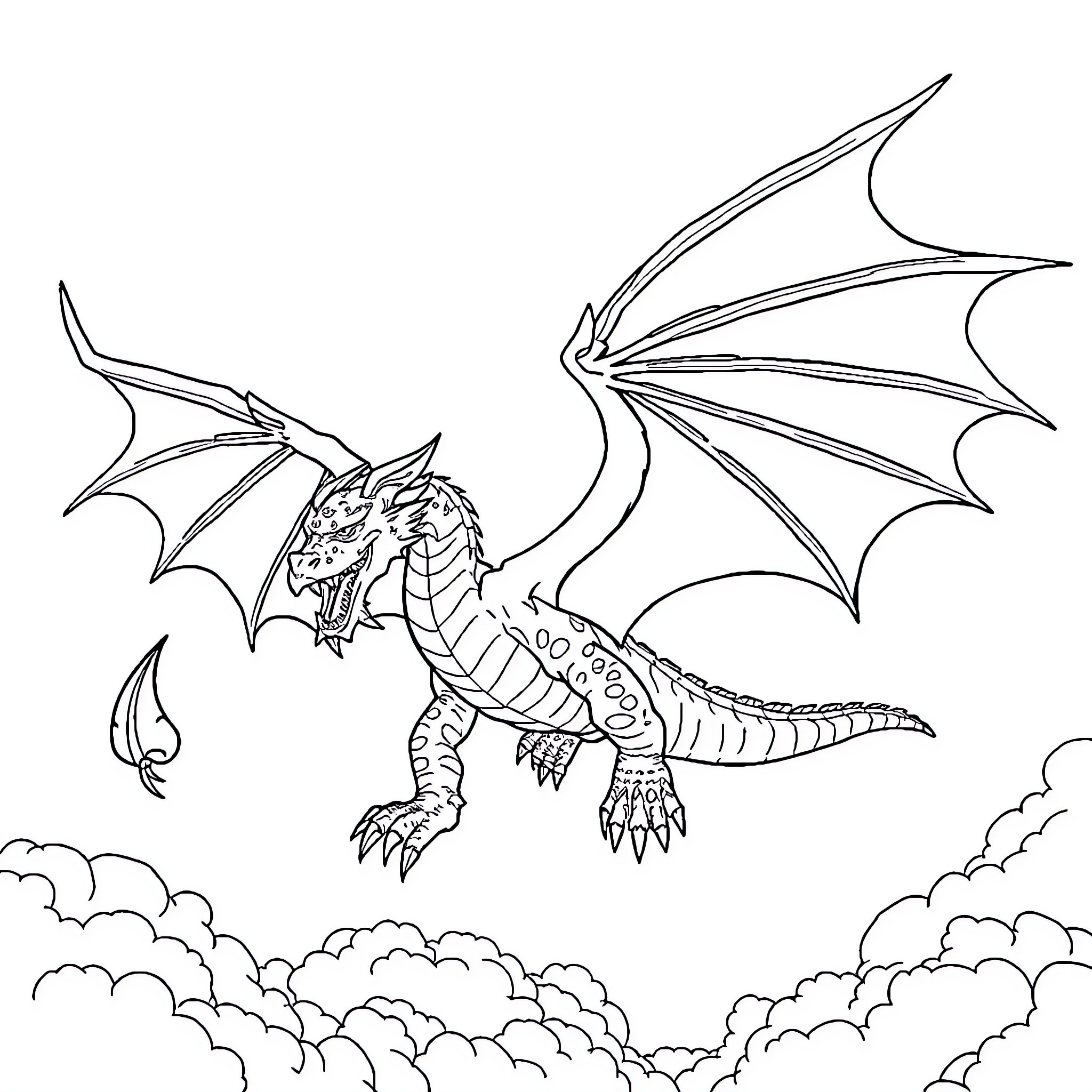Dragon soaring gracefully through cloudy skies Coloring Page (free black-and-white line drawing printable PDF for all, from beginners to advanced learners, including children, teens, adults, and seniors)