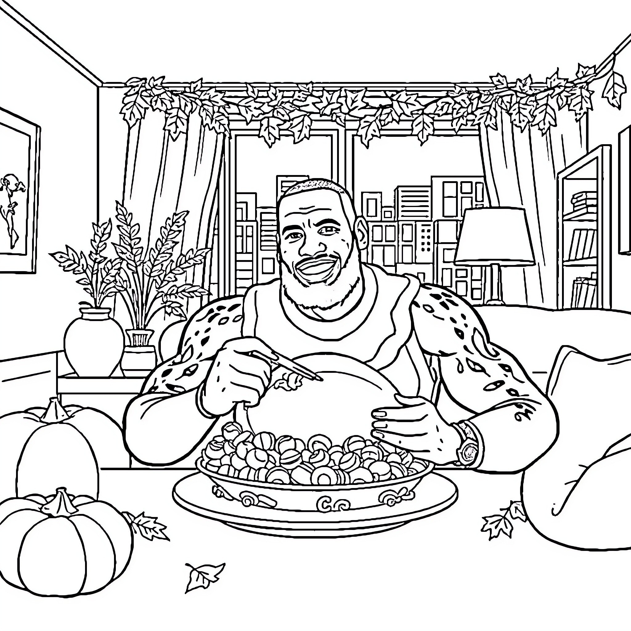 LeBron Enjoying a Hearty Thanksgiving Meal Coloring Page (free black-and-white line drawing printable PDF for all, from beginners to advanced learners, including children, teens, adults, and seniors)