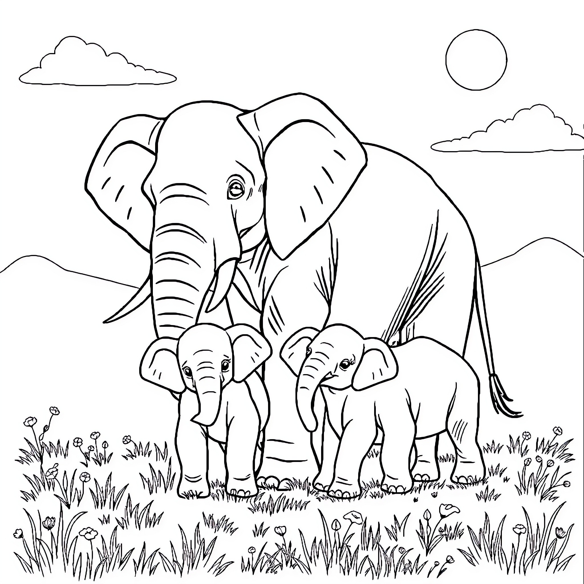 Elephant family in a natural landscape Coloring Page (free black-and-white line drawing printable PDF for all, from beginners to advanced learners, including children, teens, adults, and seniors)