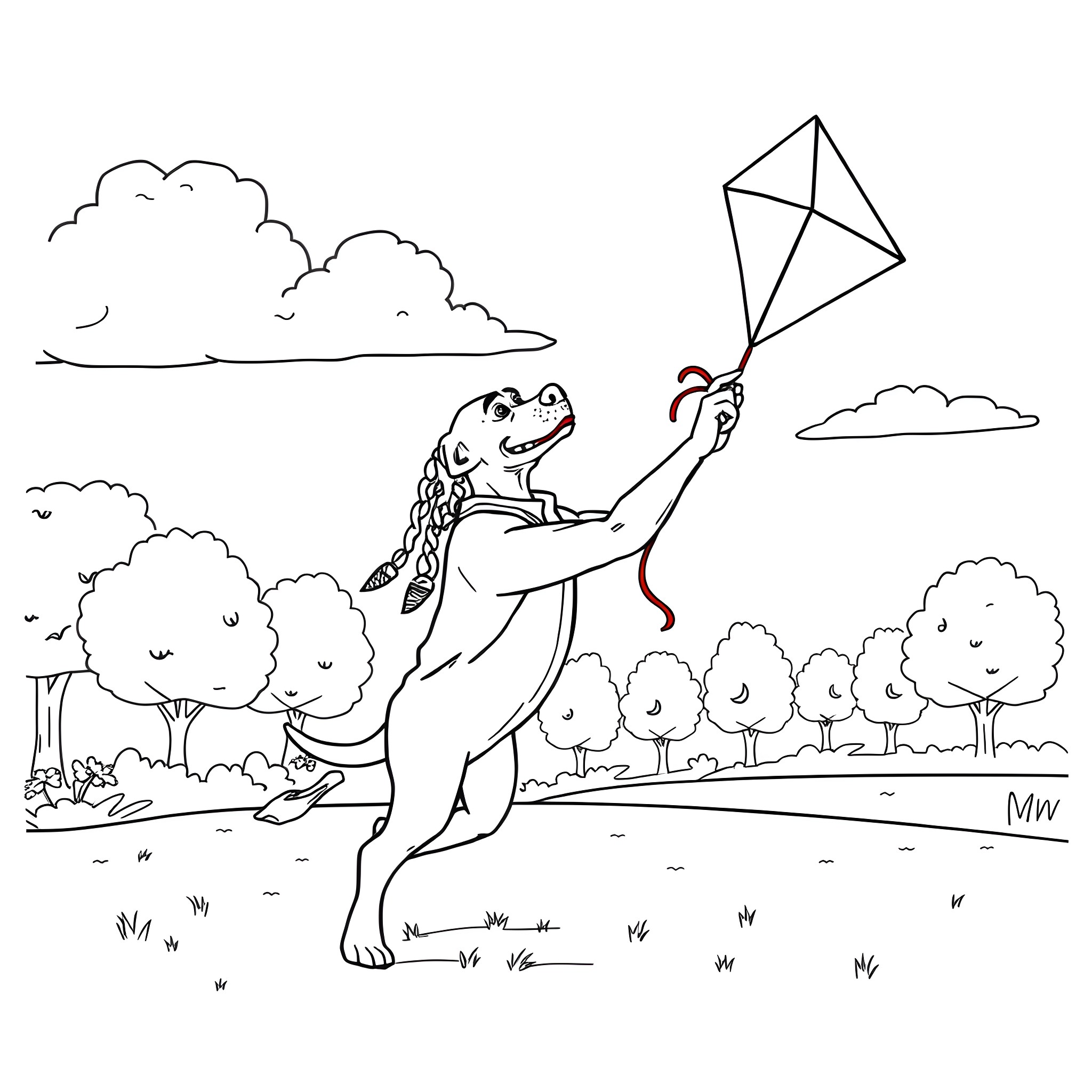 Snoop Dog flying a kite in the park Coloring Page (free black-and-white line drawing printable PDF for all, from beginners to advanced learners, including children, teens, adults, and seniors)