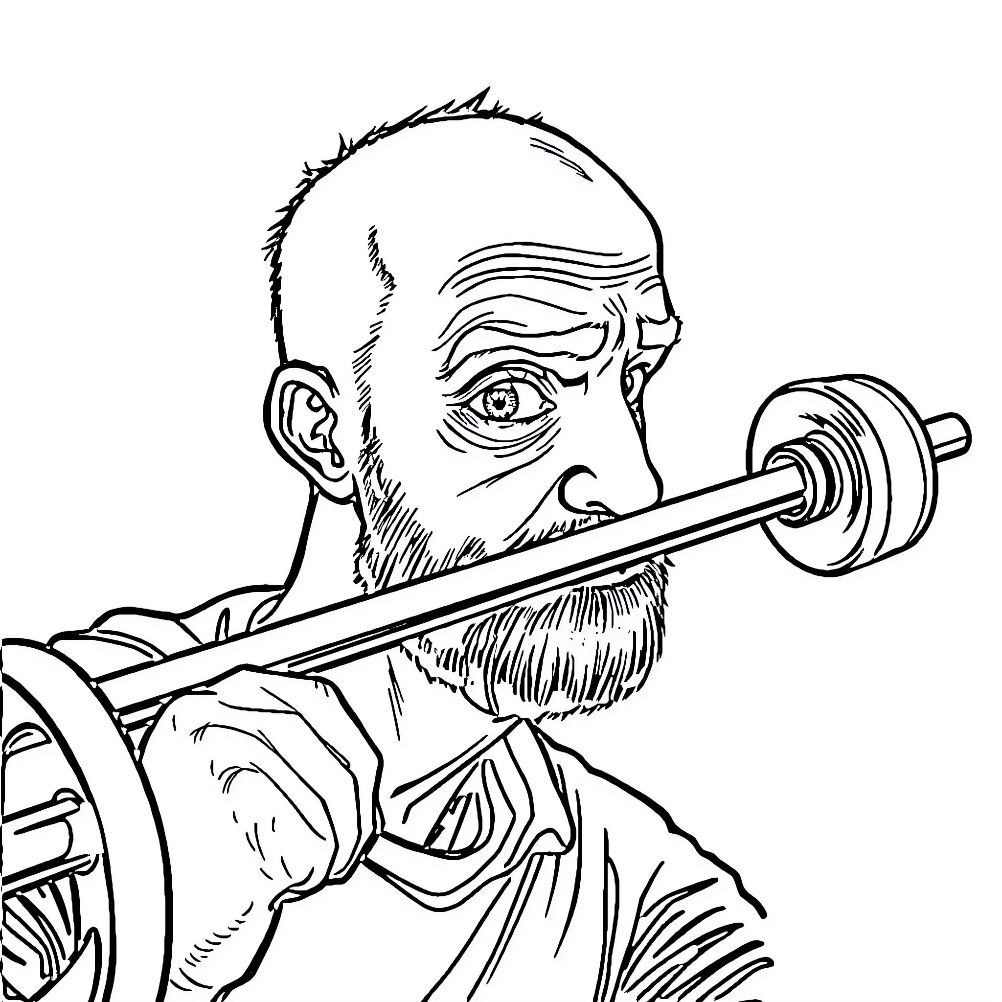 Guy lifting weights intensely in the gym Coloring Page (free black-and-white line drawing printable PDF for all, from beginners to advanced learners, including children, teens, adults, and seniors)
